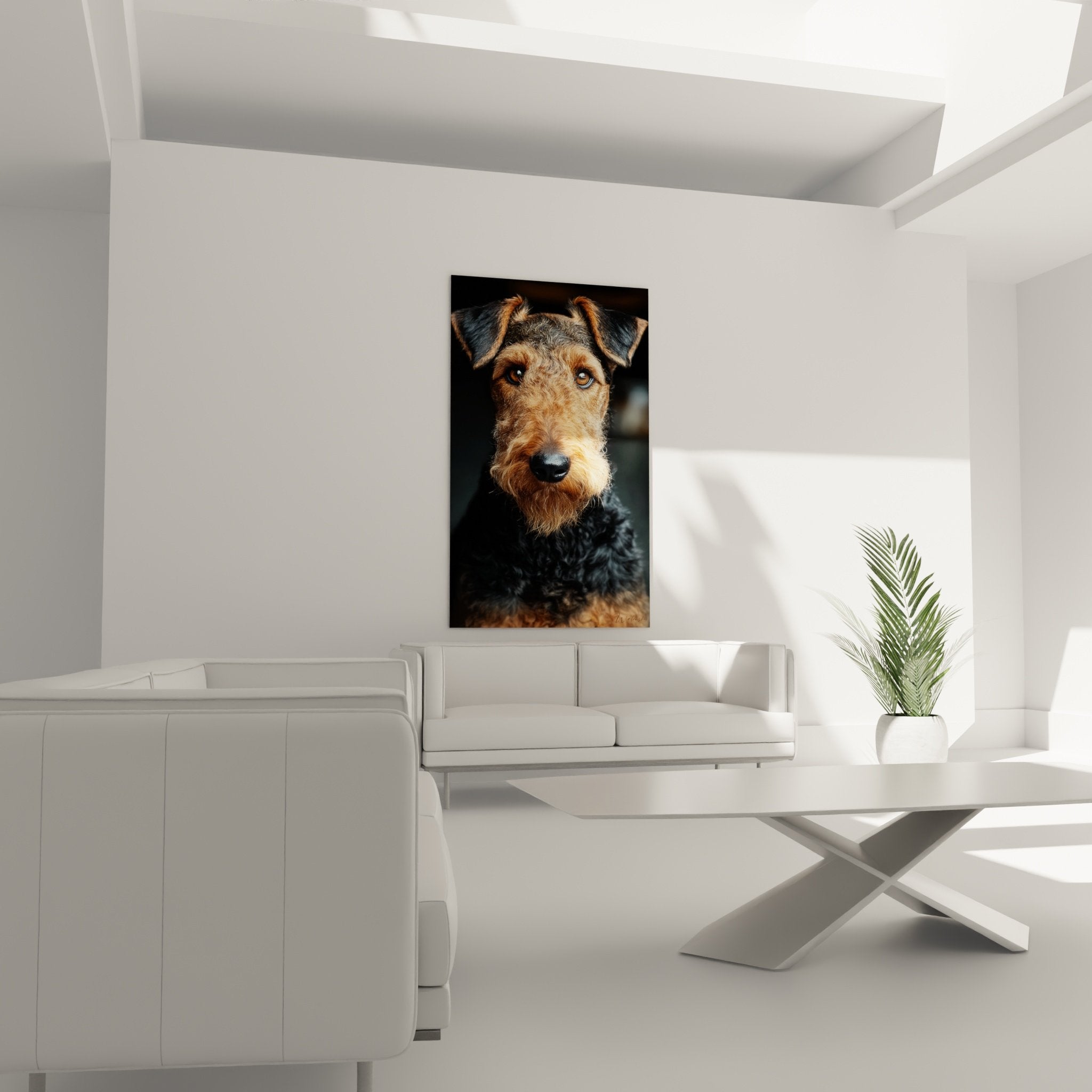 Détail portrait Airedale Terrier montrant texture réaliste pelage roux et regard bleu intense