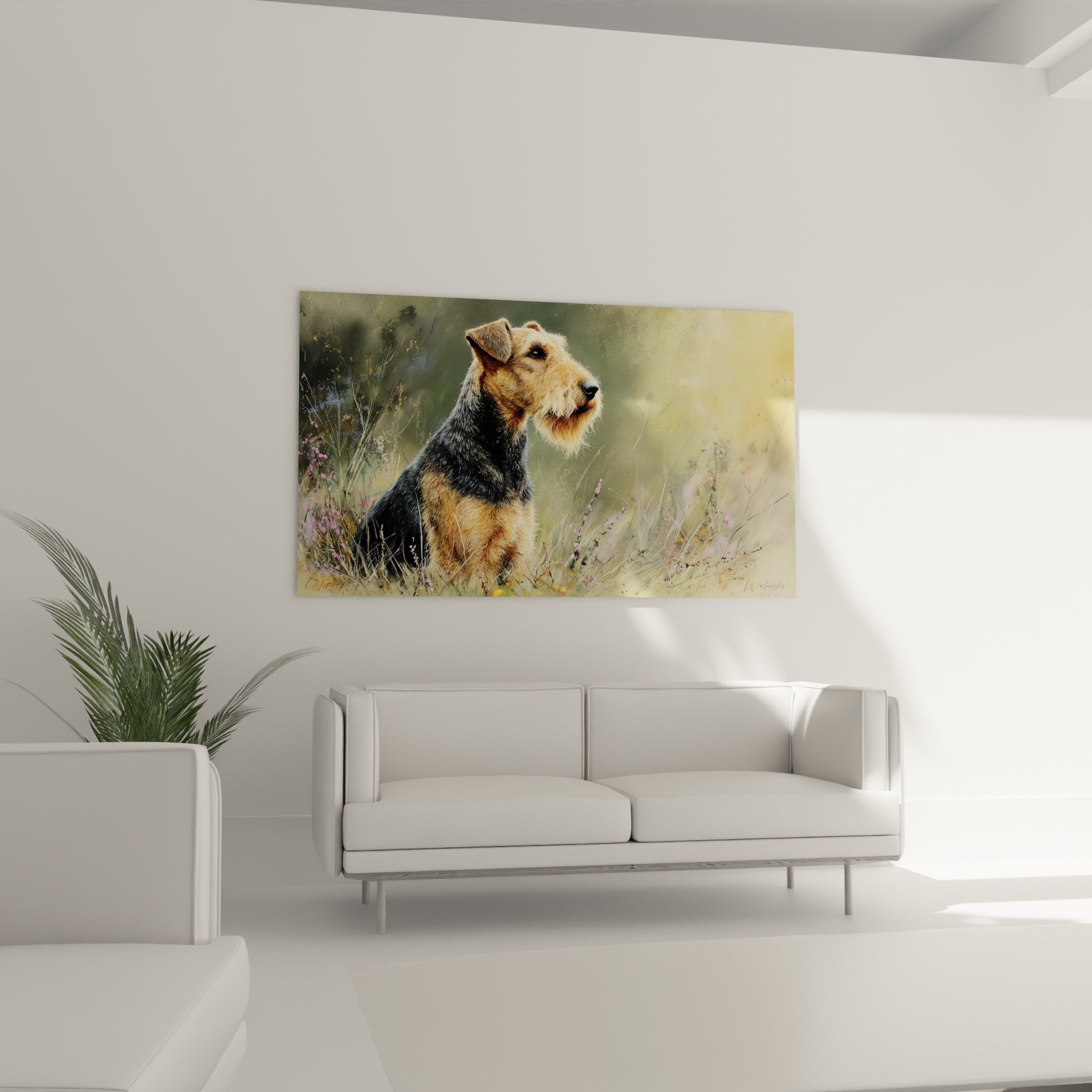 Detail pelage texture Airedale Terrier nuances cuivrees et noires rendu artistique realiste gros plan