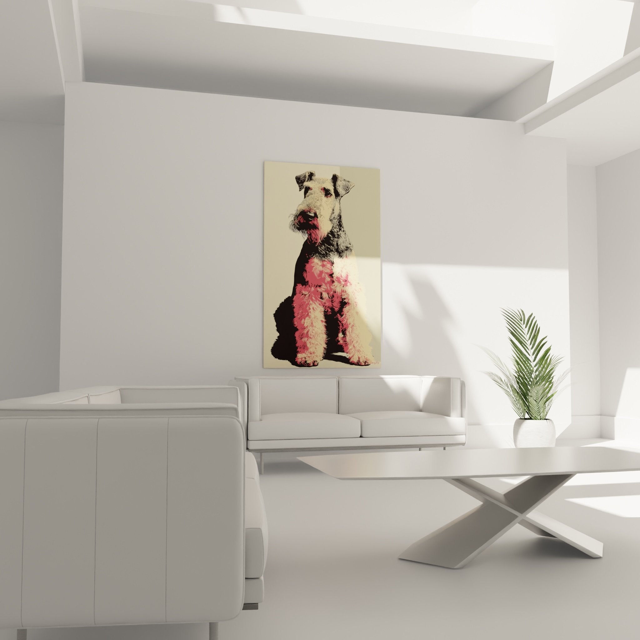 Detail des Airedale-Terrier-Porträts, das die Texturen des lockigen Fells in Korallenrosa und Schwarz zeigt