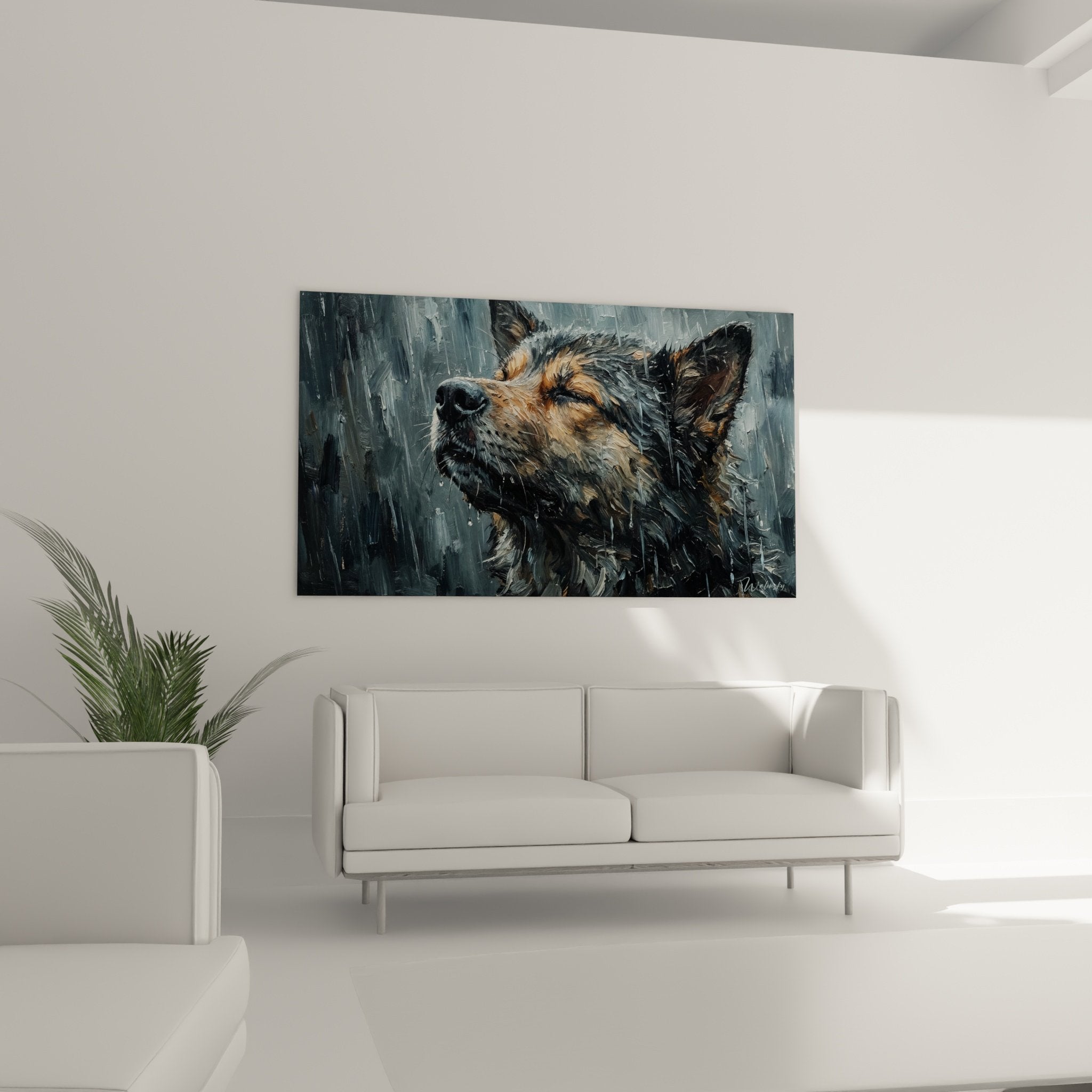 Détail du pelage mouillé de l'Akita Inu avec gouttes de pluie et reflets argentés
