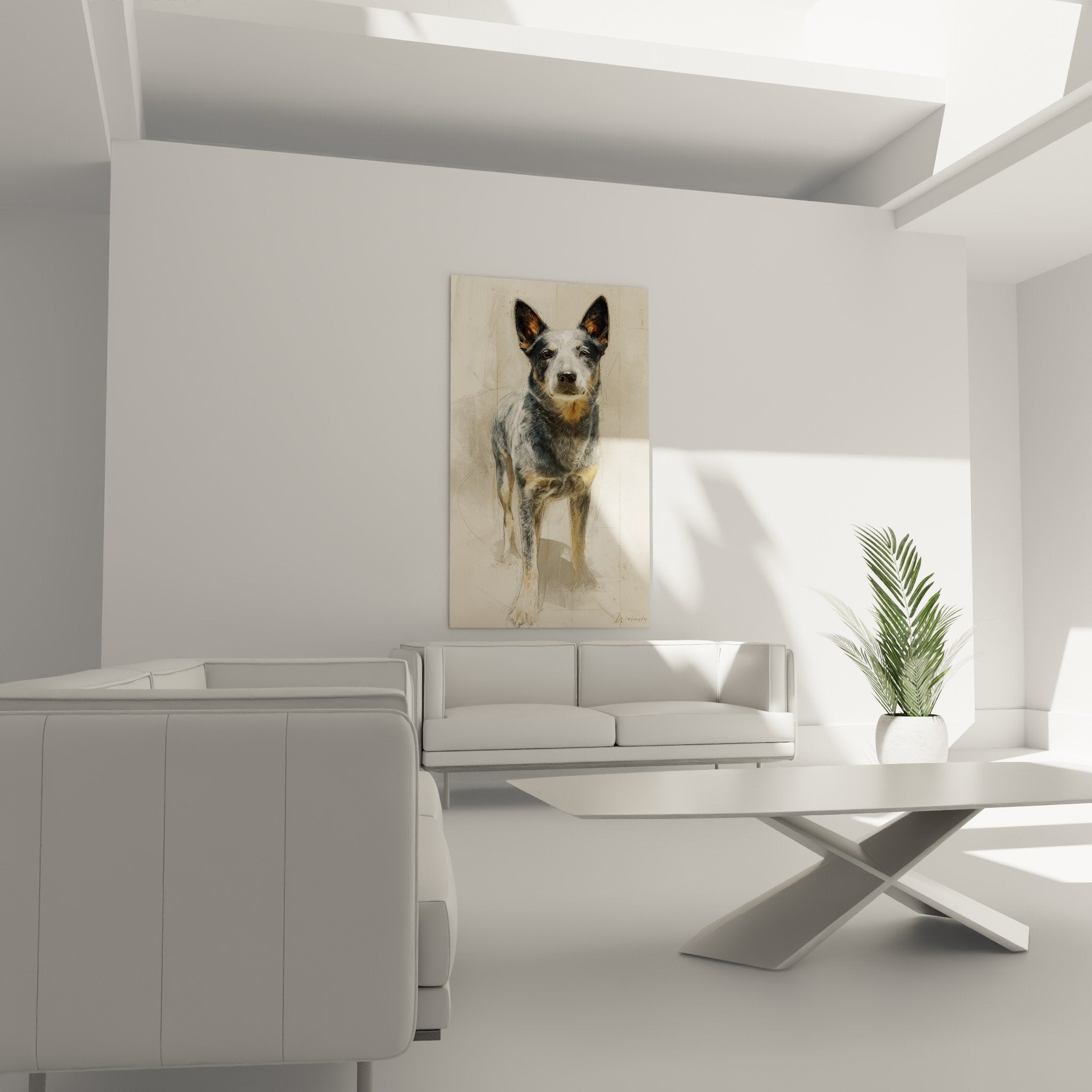 Detail portrait australian cattle dog pelage gris bleu marques fauves technique artistique mixte realiste