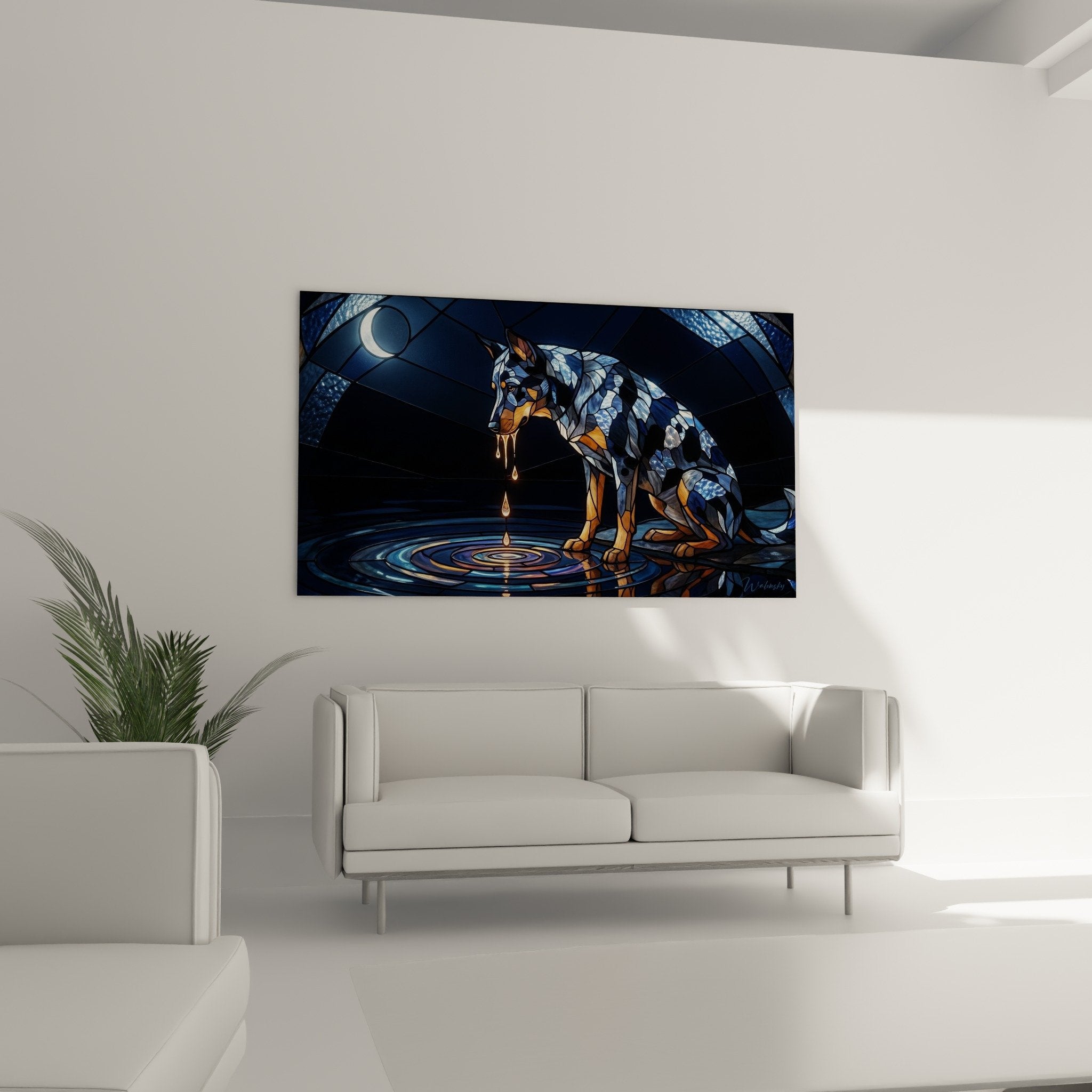 Dettaglio ravvicinato del mantello Beauceron con sfaccettature cristalline blu, effetti di trasparenza, riflessi argentati e texture in stile vetrata