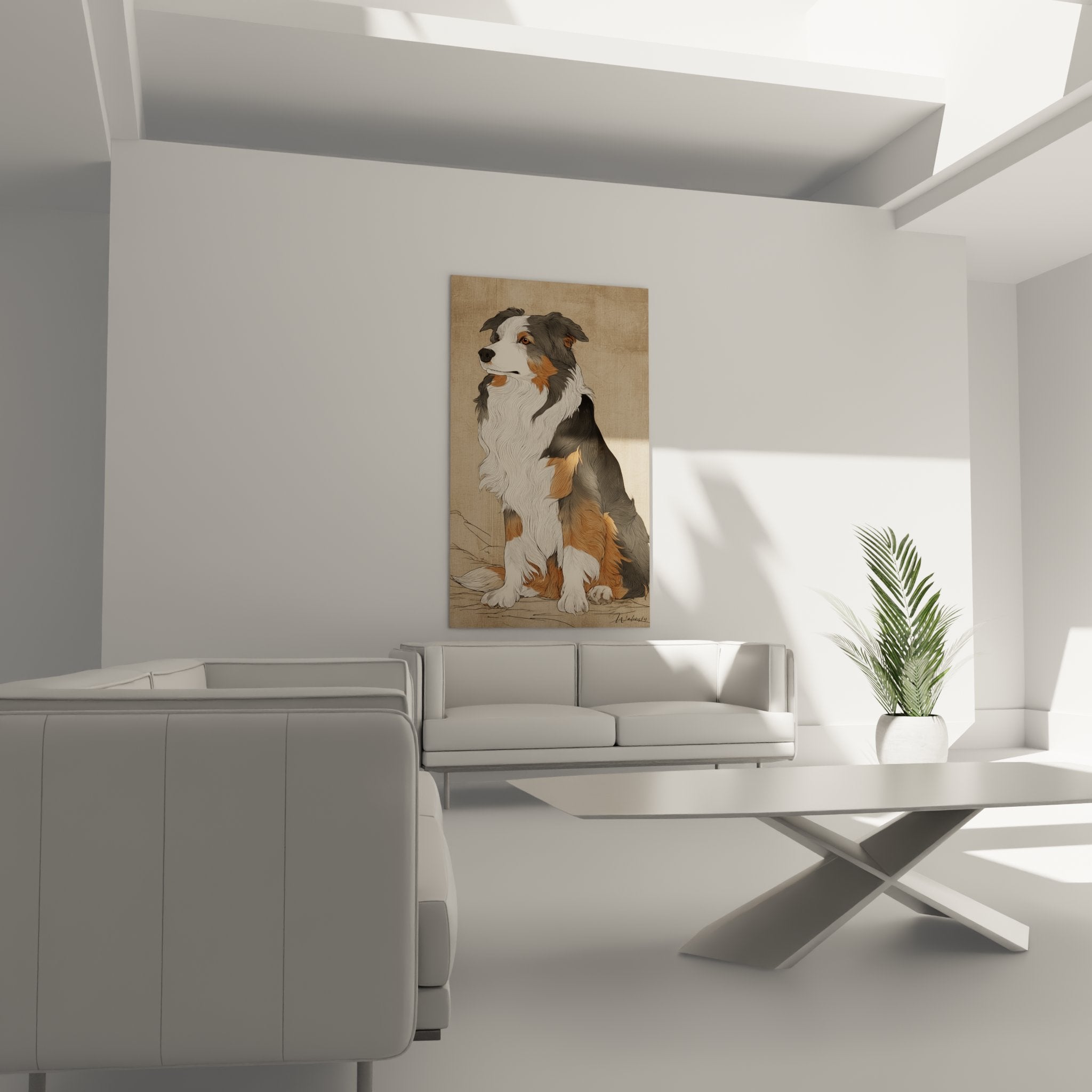 Detailaufnahme des Fells eines dreifarbigen Australian Shepherd in Grau, Weiß und Rot mit bernsteinfarbenen Augen realistisches Porträt