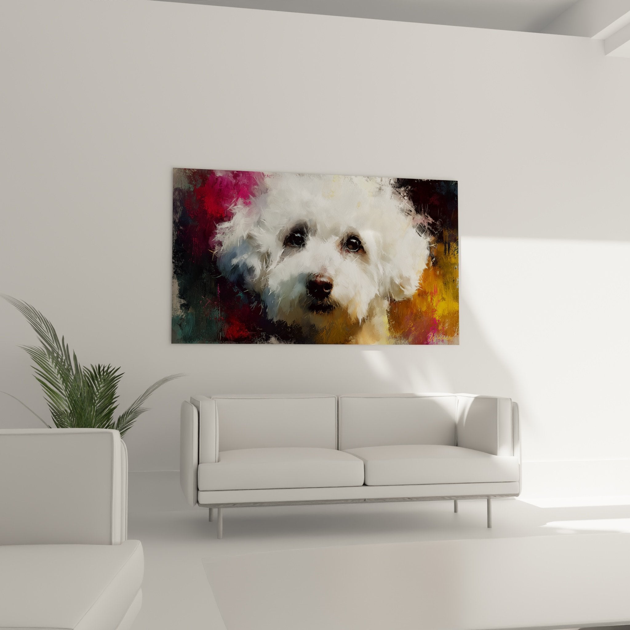 Détail portrait Bichon Frisé pelage bouclé blanc technique peinture moderne expressionniste