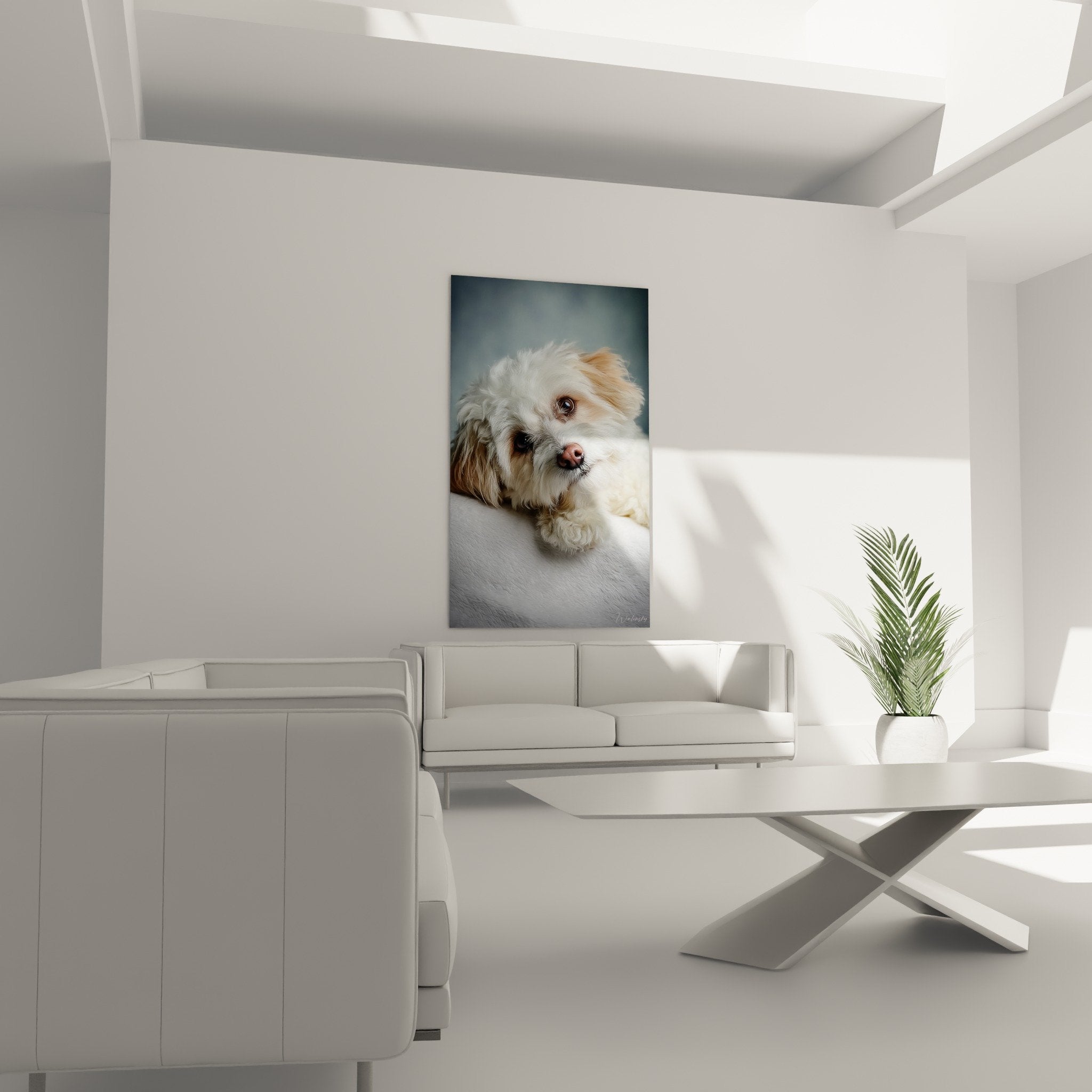 Détail tableau Bichon Havanais, pelage blanc nacré, texture réaliste, yeux bruns expressifs, rendu artistique