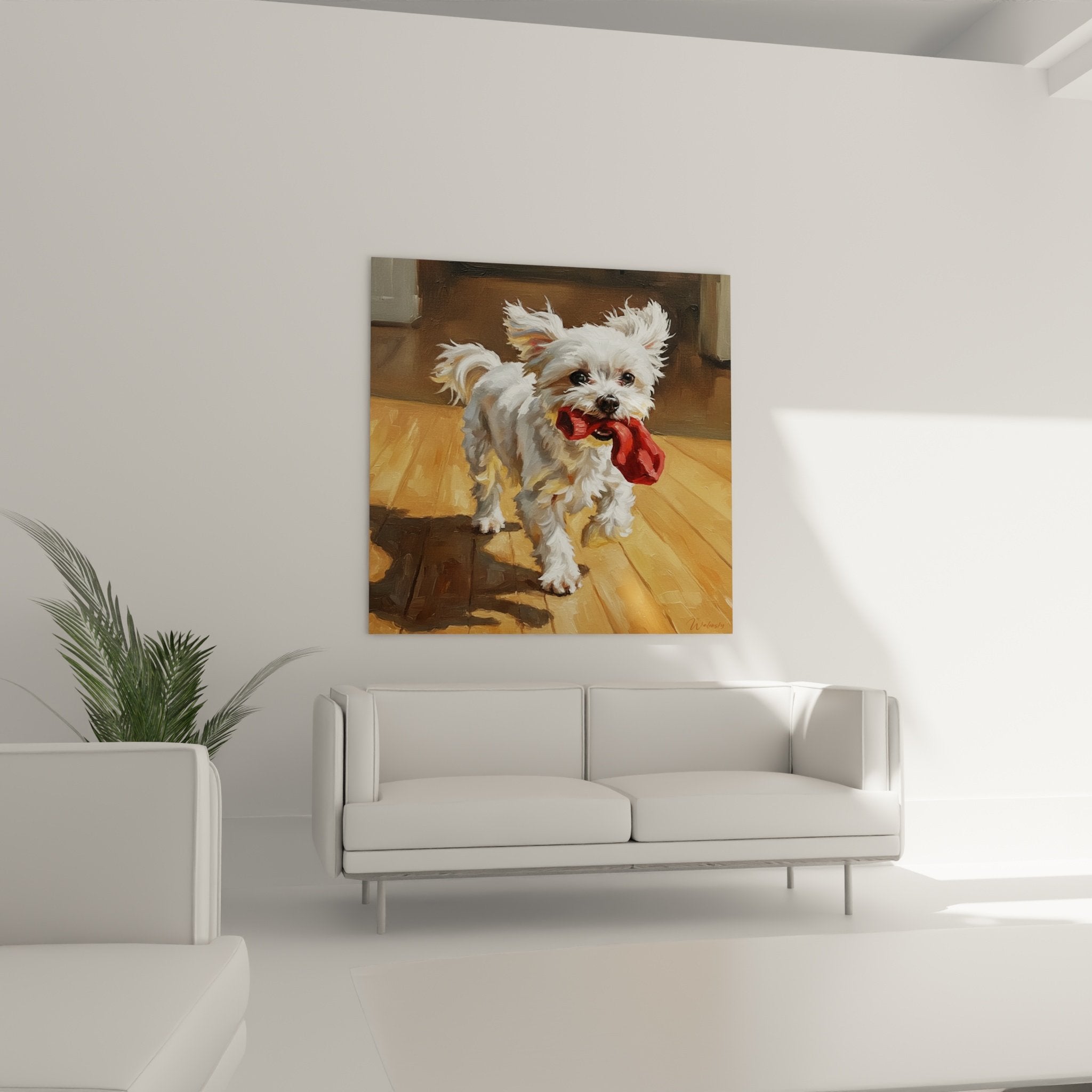 Detail of the fluffy white coat and sparkling eyes of the realistically painted Maltese Bichon