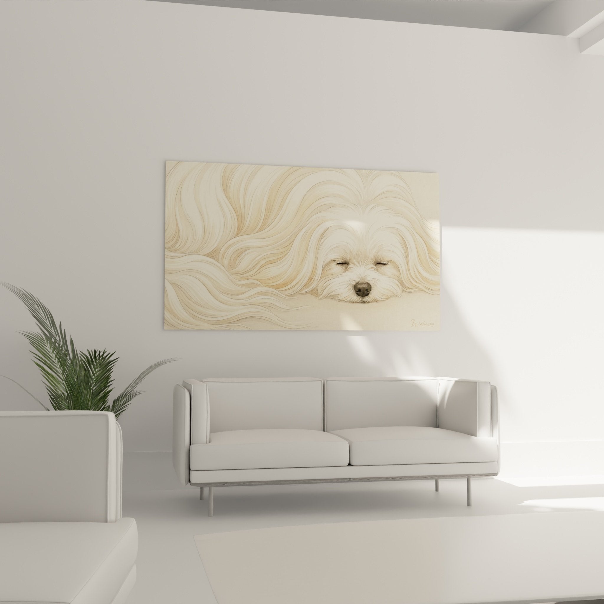 detail pelage bichon maltais dore texture ondulante peinture animaliere realiste