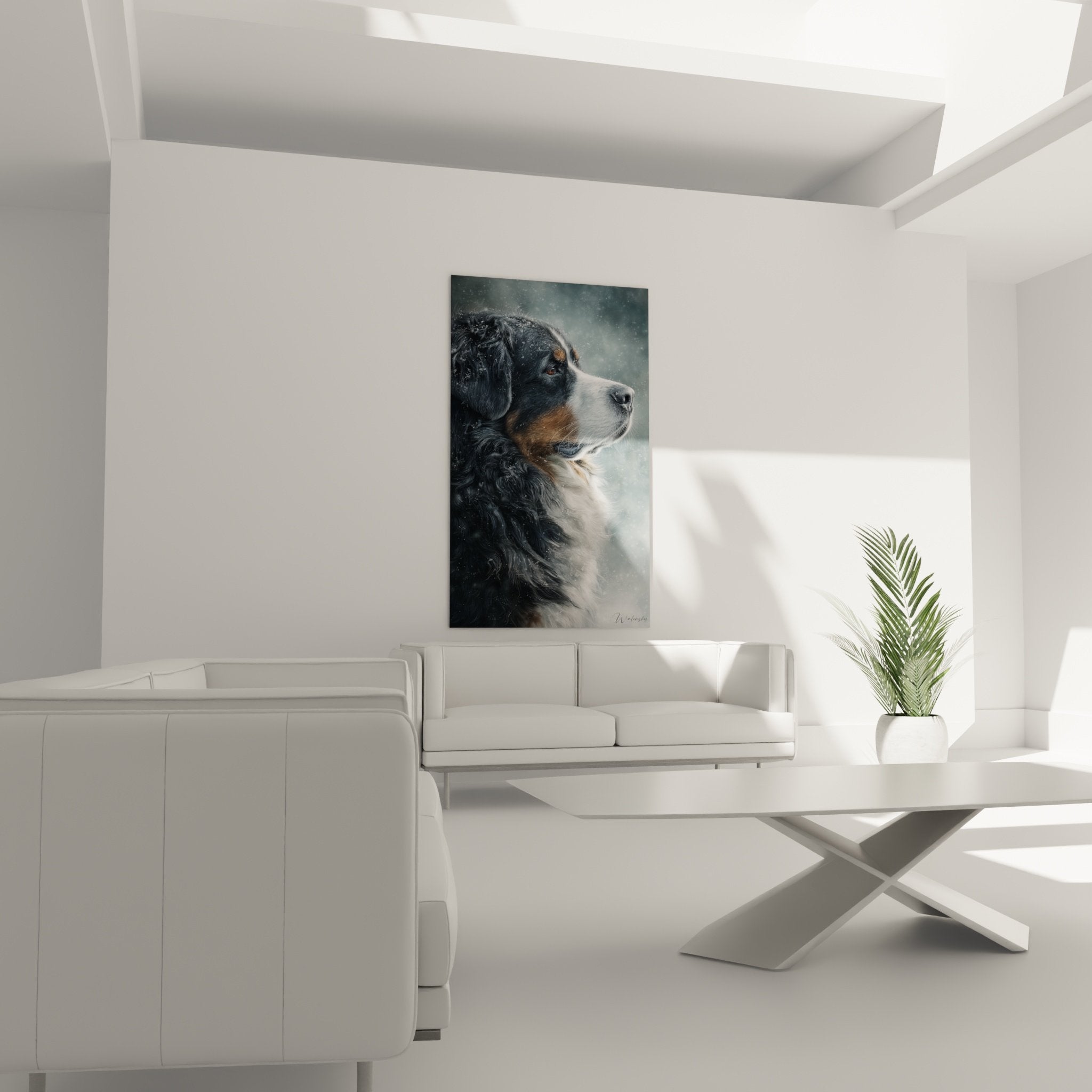 Bernese Mountain Dog coat detail with snowflakes, grey and rust tones