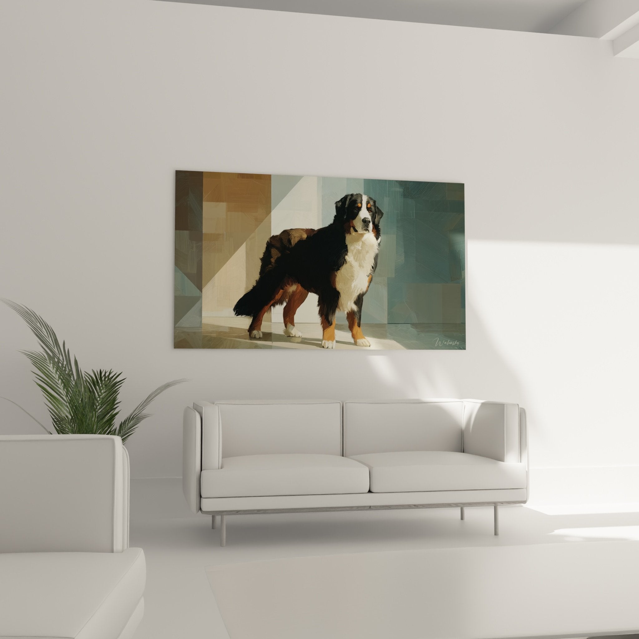 Bernese Mountain Dog tricolor coat detail black white orange with realistic textures and natural light play