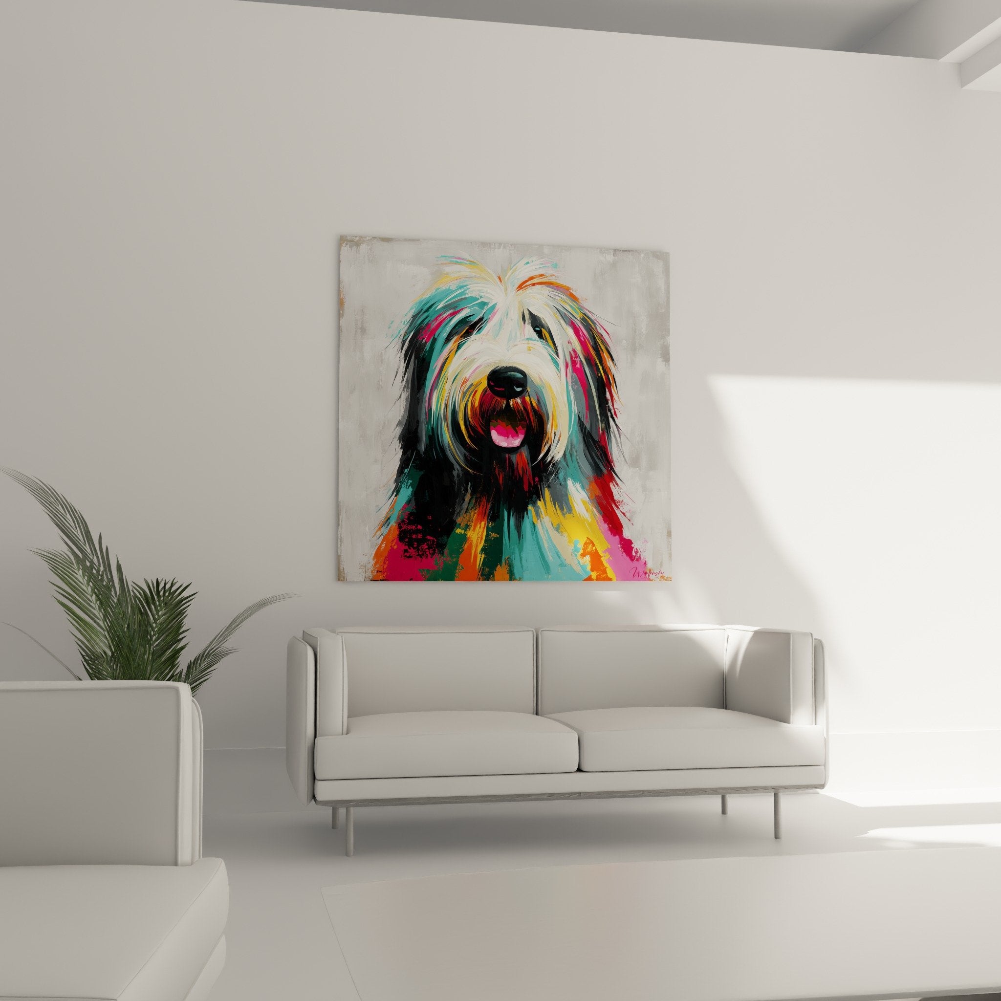 Détail du pelage multicolore du Briard avec touches turquoise orange et rose fuchsia