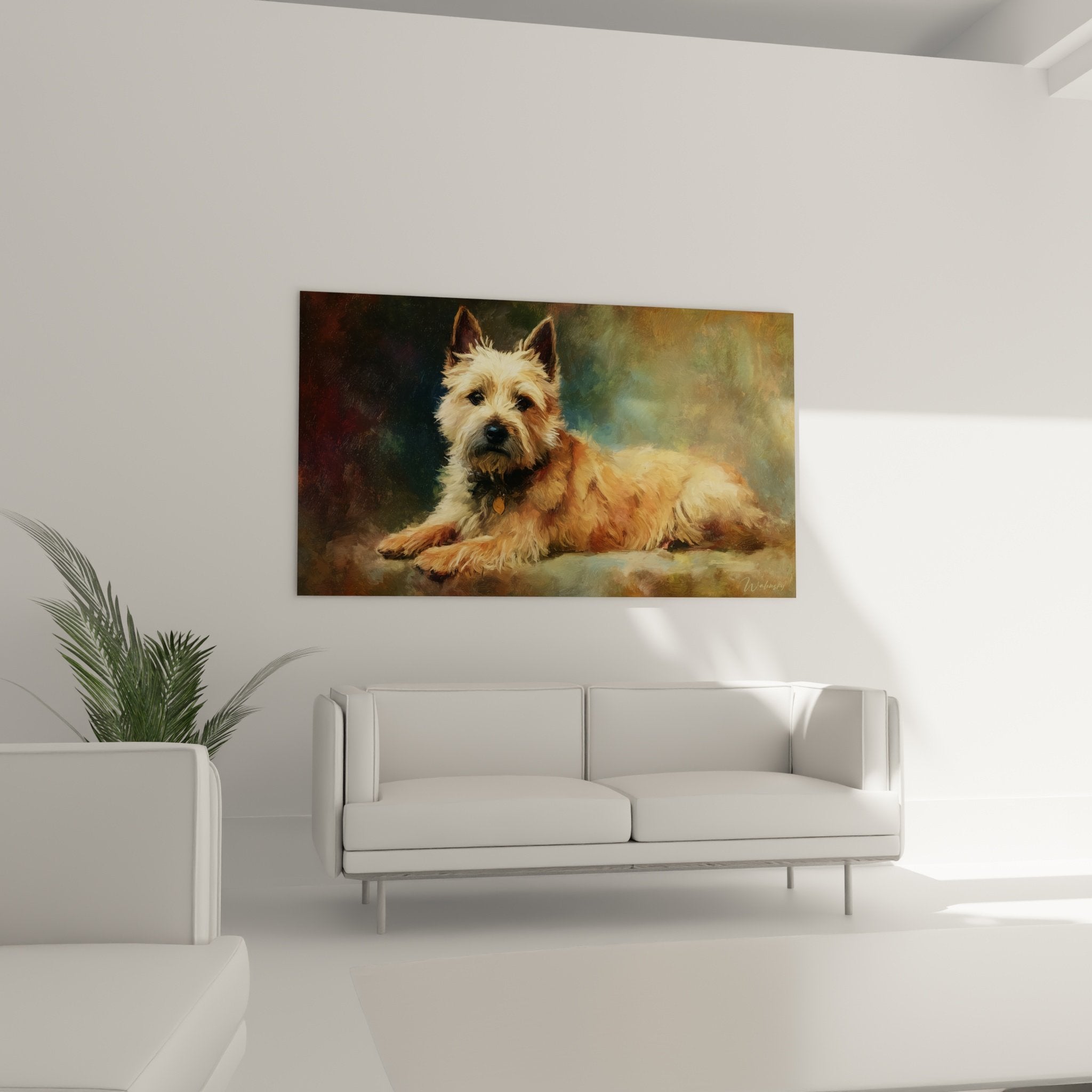 Détail du pelage doré et texture réaliste du portrait de Cairn Terrier