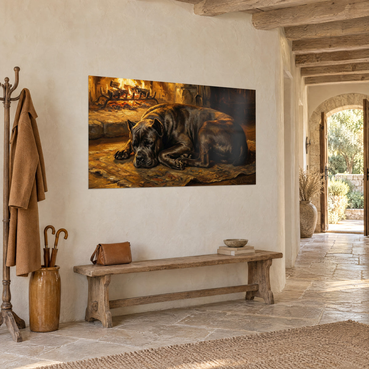 Wall art of a brindle Cane Corso curled up on an ochre rug, amber flames in the background, on a stone wall, vaulted entrance