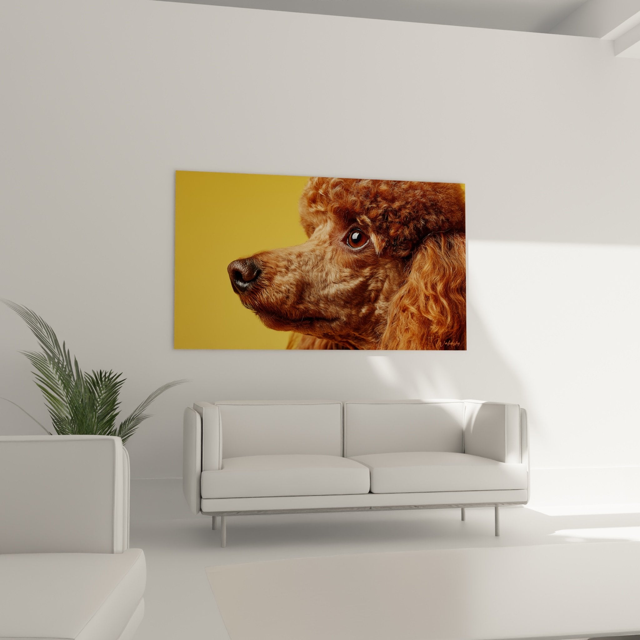 Détail portrait caniche pelage frisé roux, texture réaliste boucles dorées cuivrées