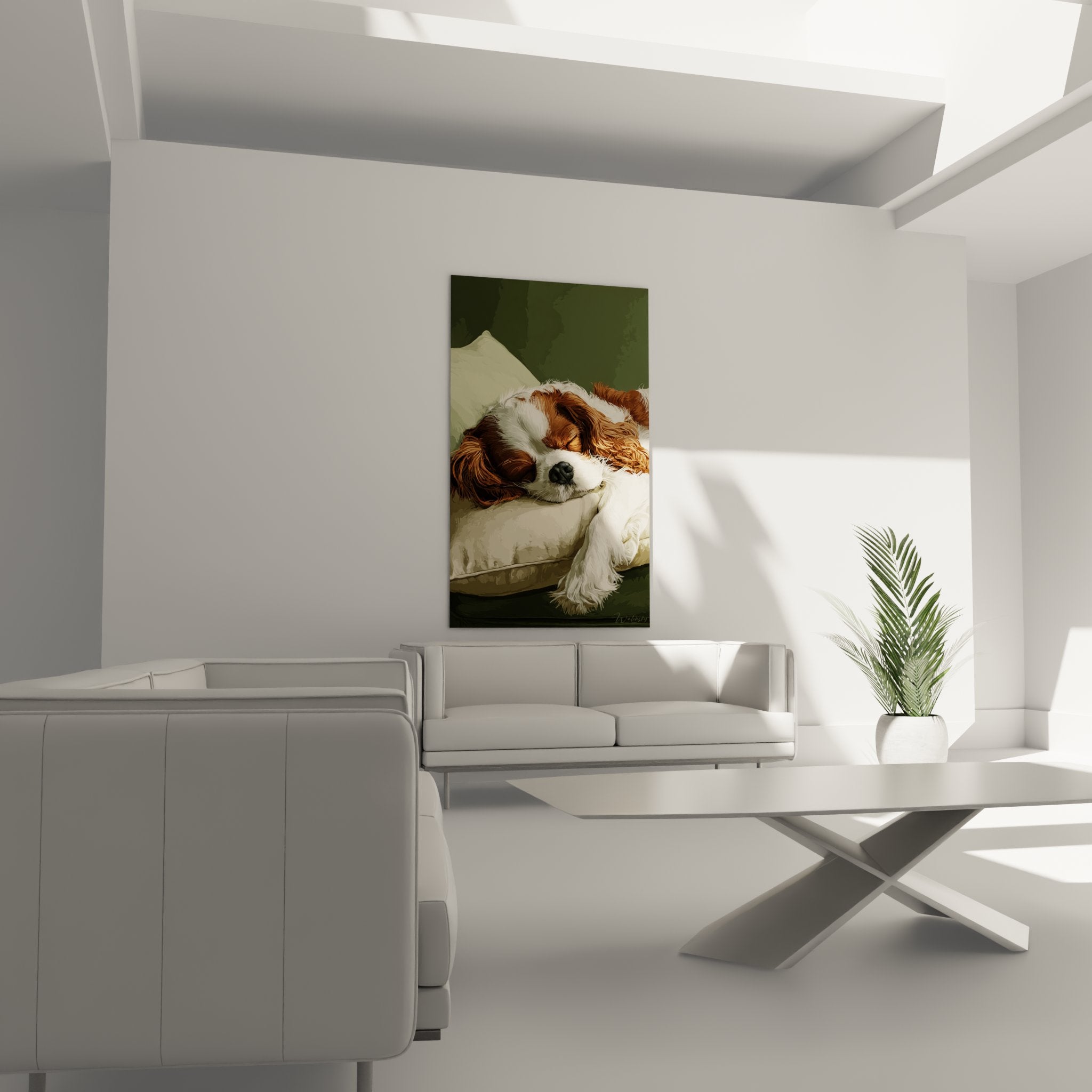 Détail artistique du pelage soyeux roux et blanc du Cavalier King Charles endormi sur toile