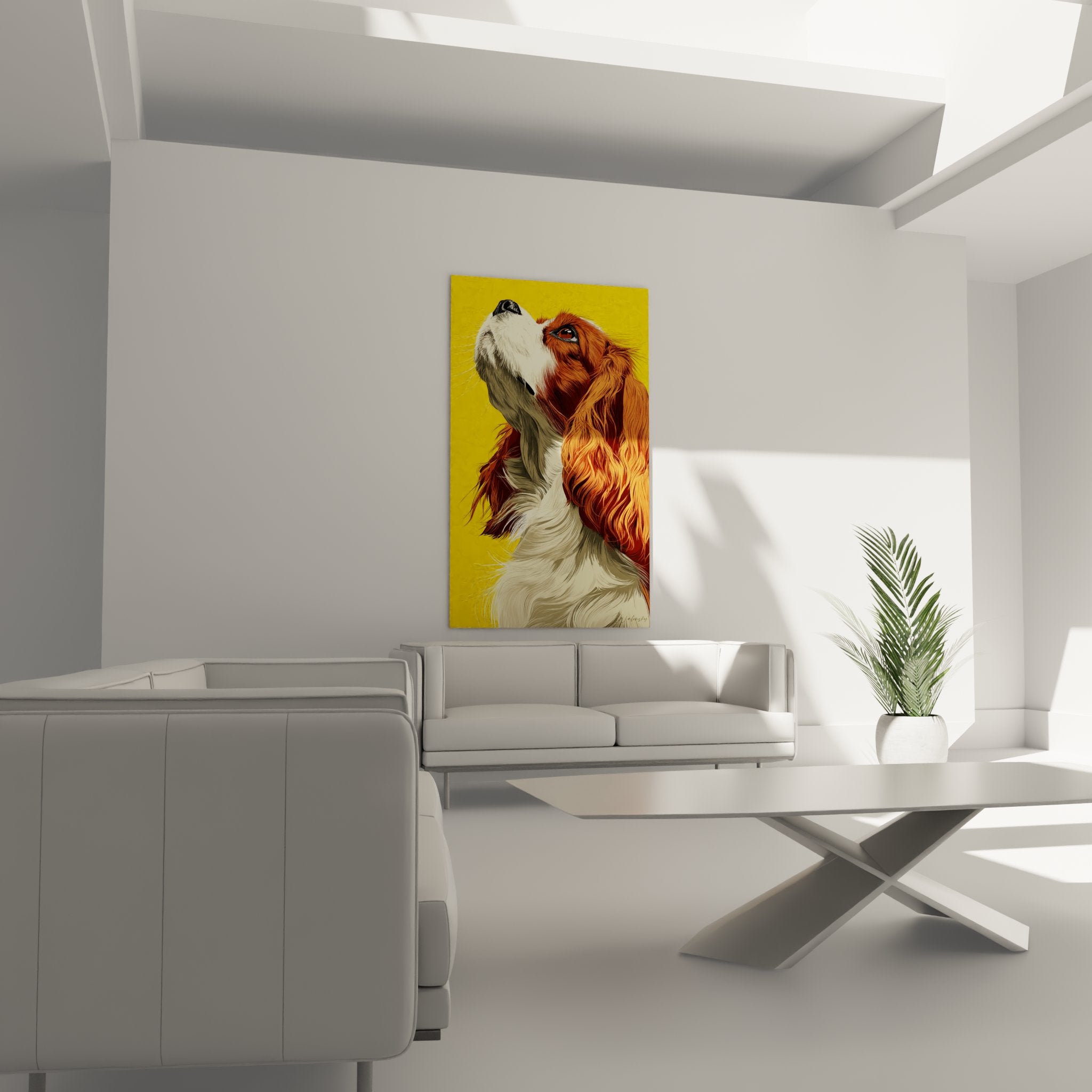 Gros plan sur les details du pelage roux et blanc du Cavalier King Charles au regard attendri