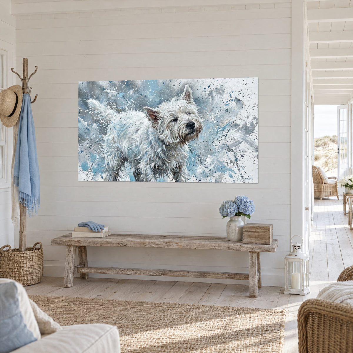 Πίνακας λευκού terrier με μισόκλειστα μάτια και σηκωμένο μαύρο ρύγχος, πιτσιλιές μπλε παγετώνα και γκρι, τρίτο προφίλ στην είσοδο