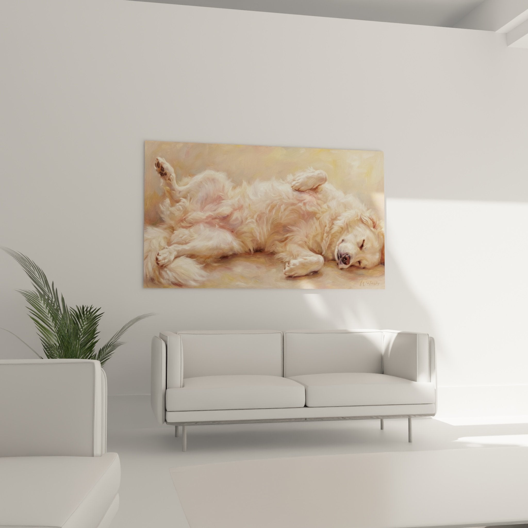 Détail pelage chien Montagne Pyrénées texture réaliste pinceau artistique tons dorés crème