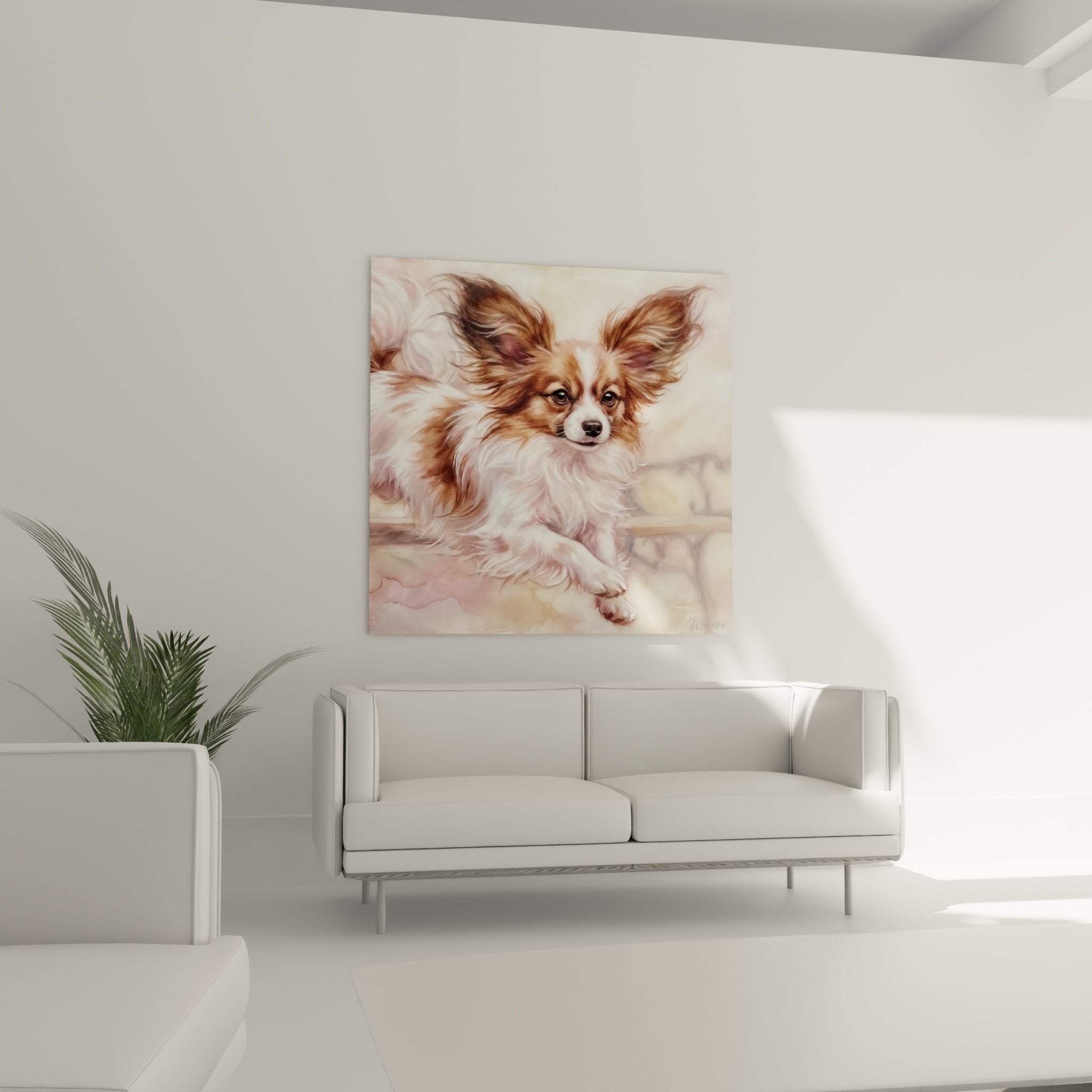 Détail tableau Chien Papillon pelage soyeux doré, technique picturale vaporeus, reflets nacrés et blancs purs