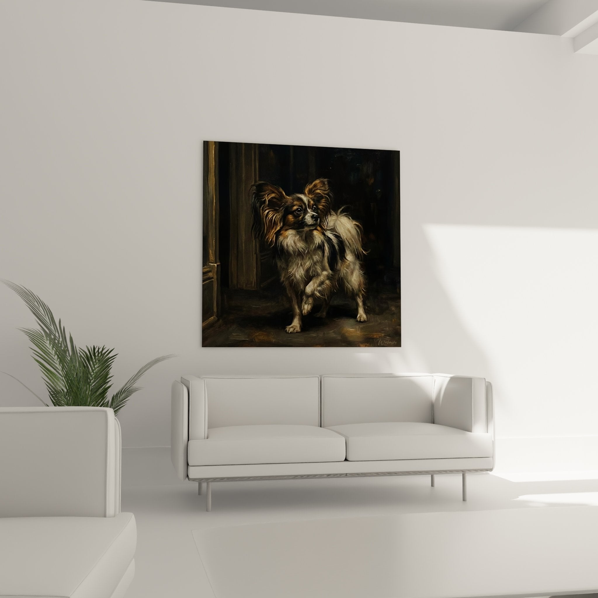 Détail pelage soyeux Chien Papillon tricolore doré cuivré blanc technique picturale raffinée