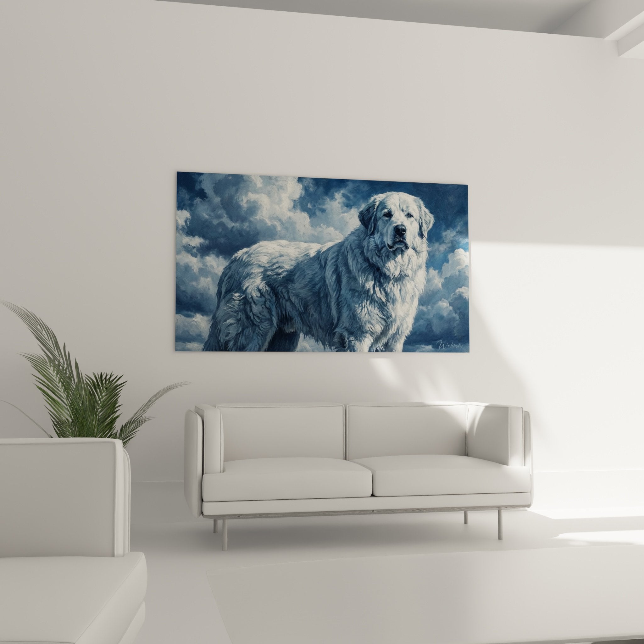 Detail painting Pyrenean Mountain Dog, cream white fur texture, noble gaze, realistic quality painting
