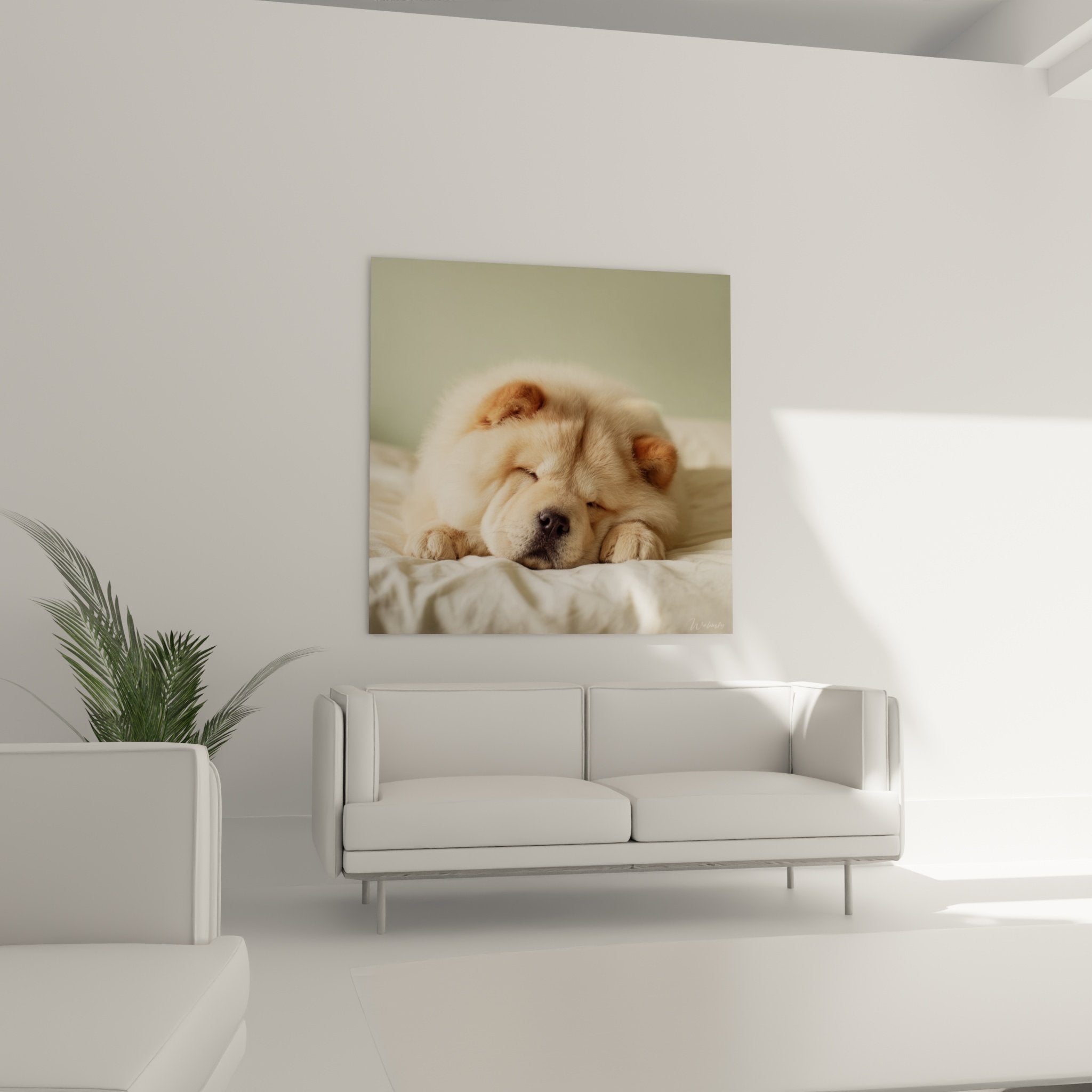 Détail pelage duveteux chiot Chow Chow endormi nuances beige crème texture soyeuse lumière caressante