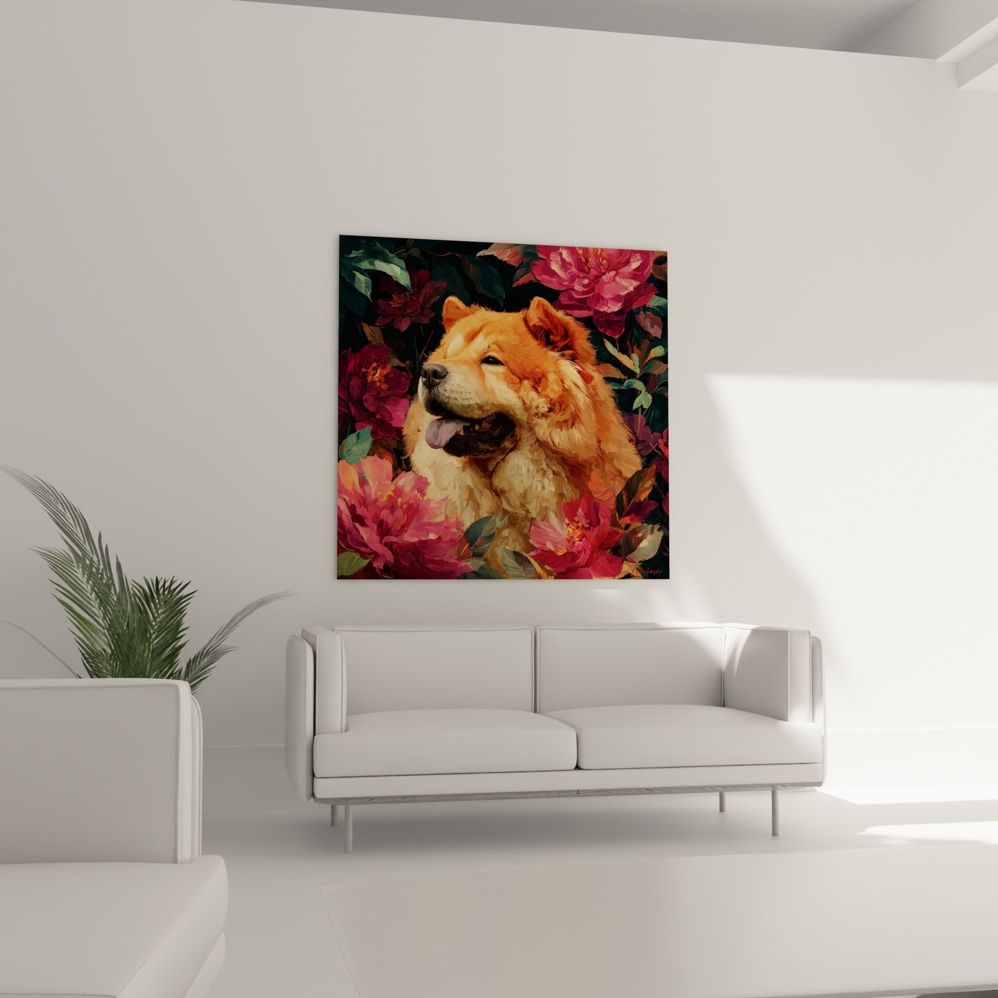 Détail rapproché du portrait de Chow Chow montrant les nuances cuivrées du pelage et l'expression paisible