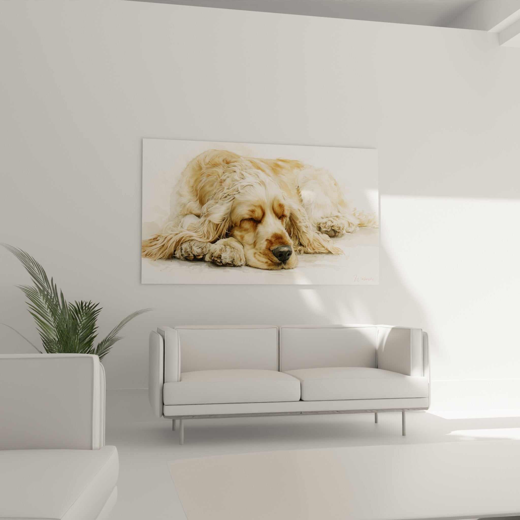 detail pelage cocker americain endormi texture soyeuse tons miel dore rendu realiste