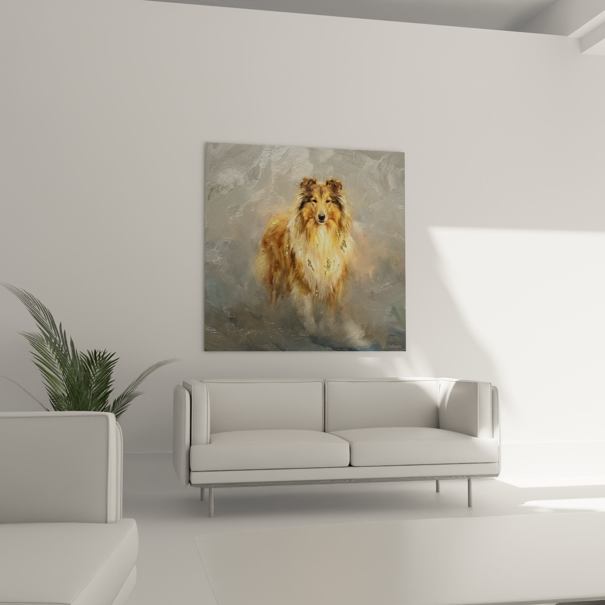 Detail of Collie's golden coat, impasto technique and light reflections, textured painting