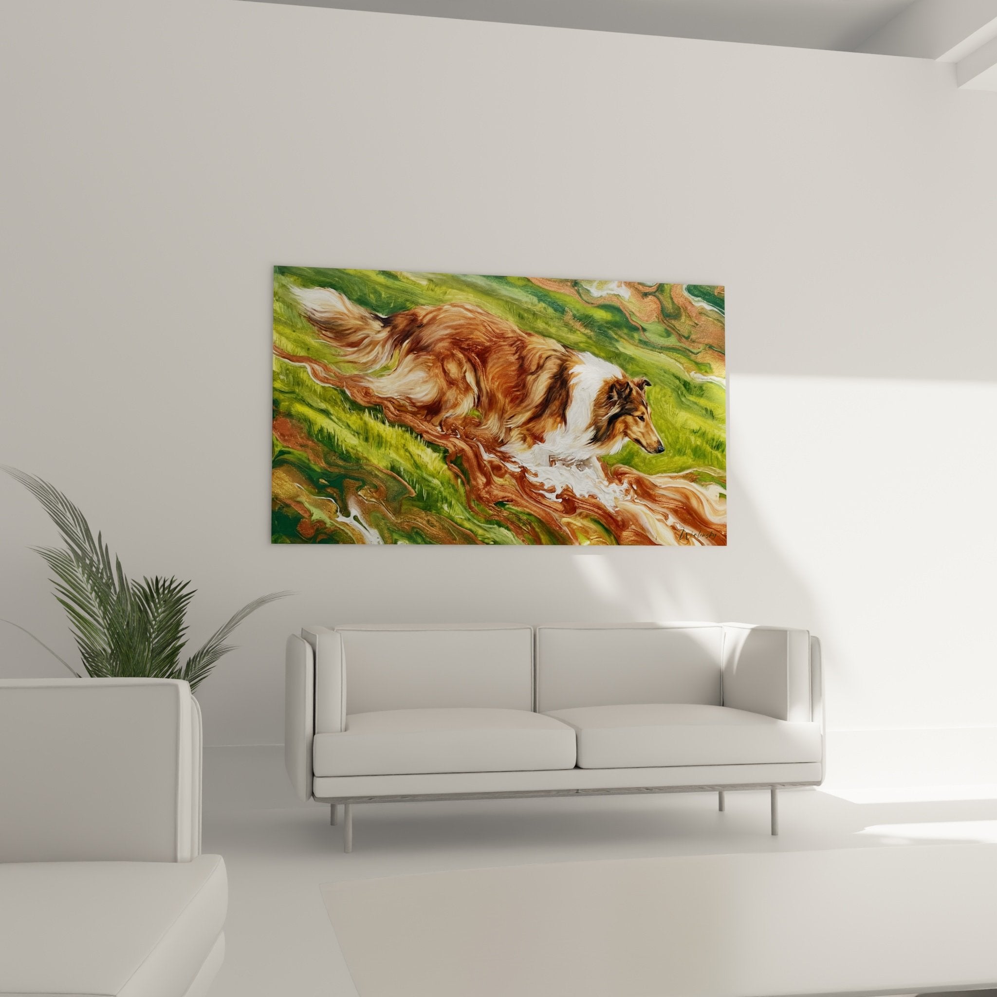 Detail pelage Collie fauve et blanc sur fond abstrait vert, technique picturale fluide moderne