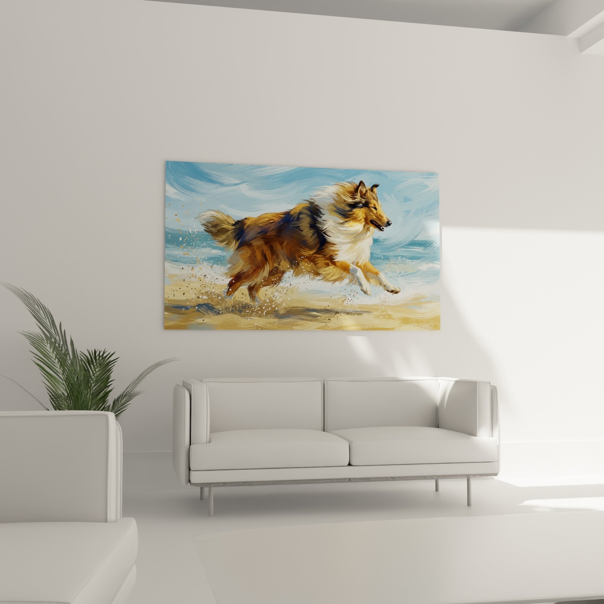 Détail rapproché du pelage roux et blanc du Collie en course, technique picturale expressive visible