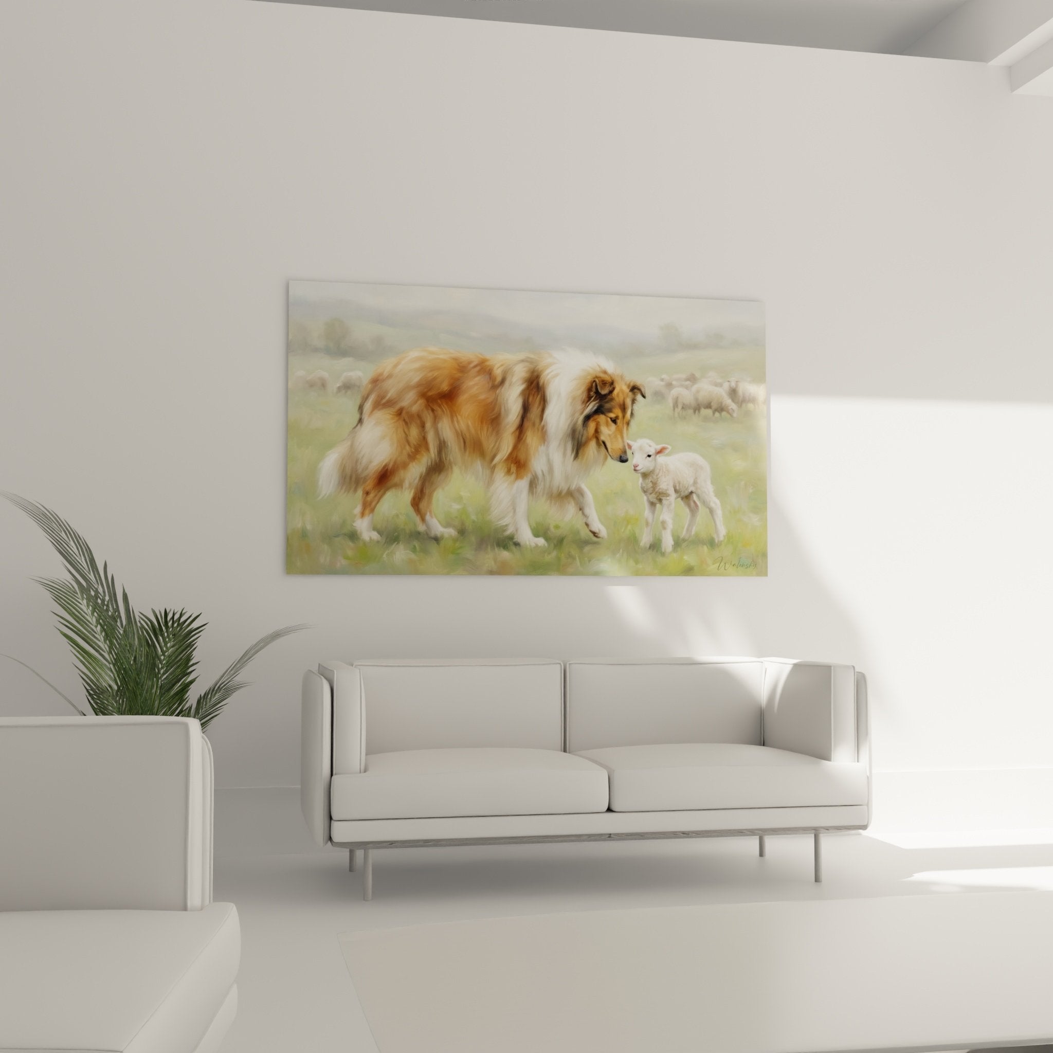 Detail pelage collie fauve blanc et regard tendre vers agneau peinture realiste art animalier qualite