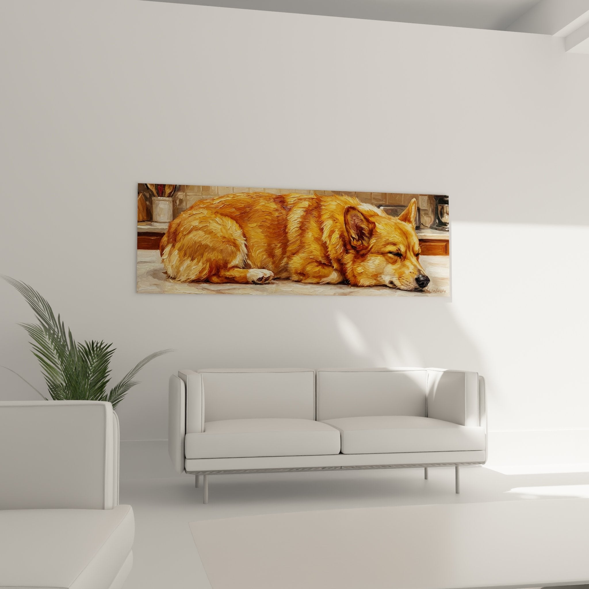 Détail du pelage roux et doré du Corgi Pembroke endormi avec texture picturale expressive visible