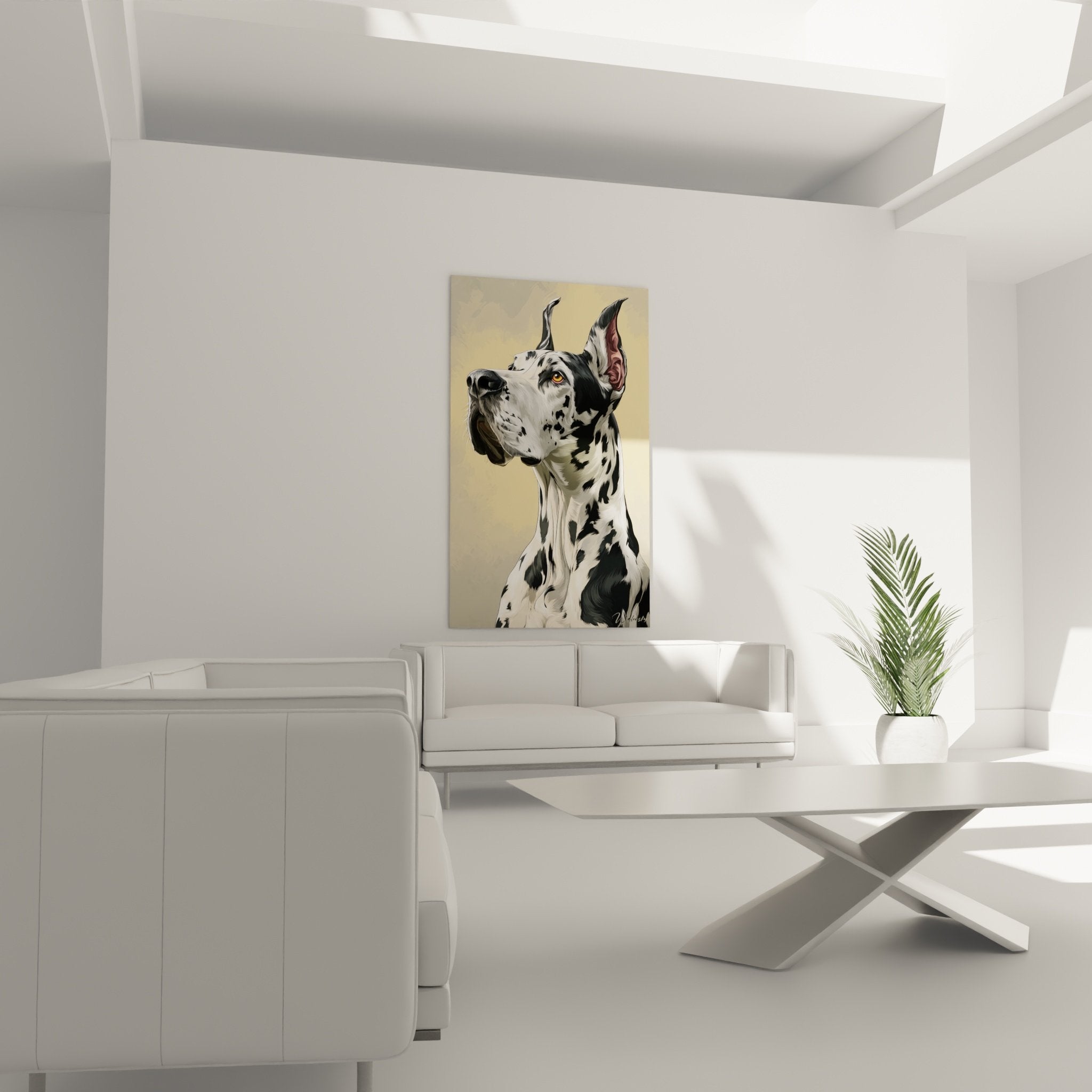 Detailporträt Deutsche Dogge Harlekin schwarzweißes Fell realistische Textur ausdrucksstarke goldene Augen