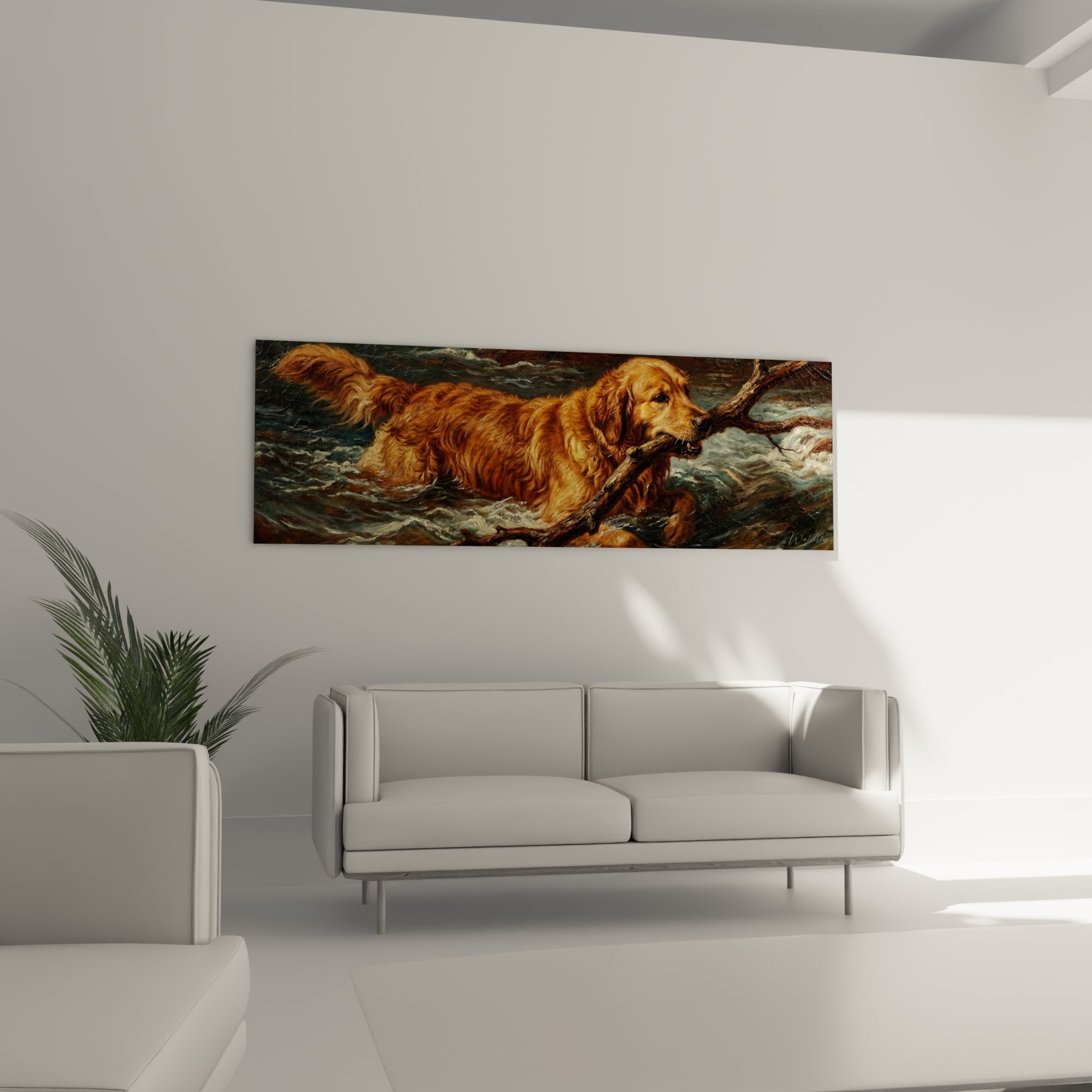 Détail du pelage doré et cuivré du golden retriever avec reflets lumineux et textures réalistes de l'eau