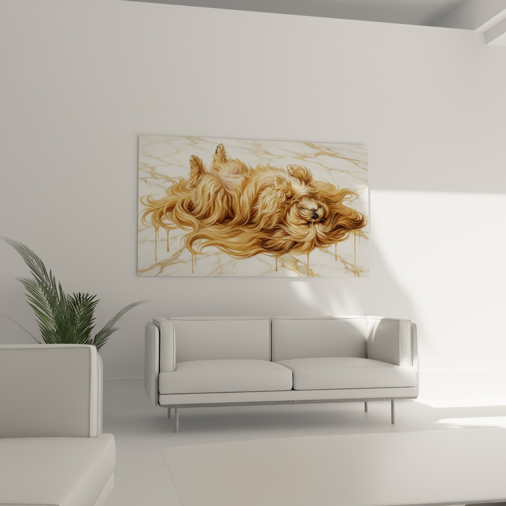 Détail rapproché pelage doré Lhassa Apso avec effets fluides et coulures artistiques dorées sur marbre