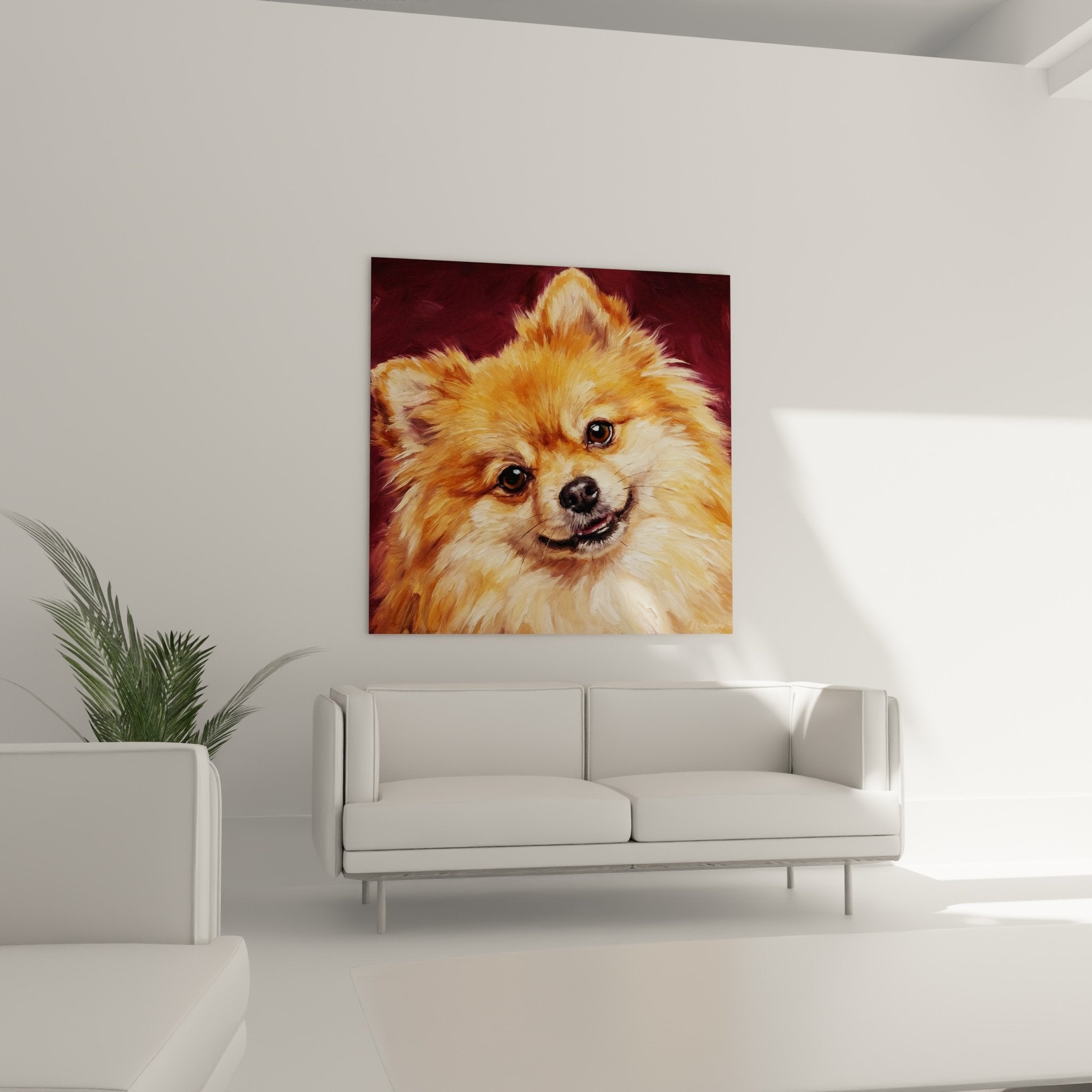 Détail du pelage doré et des yeux tendres du Spitz Pomeranian peint à l'huile