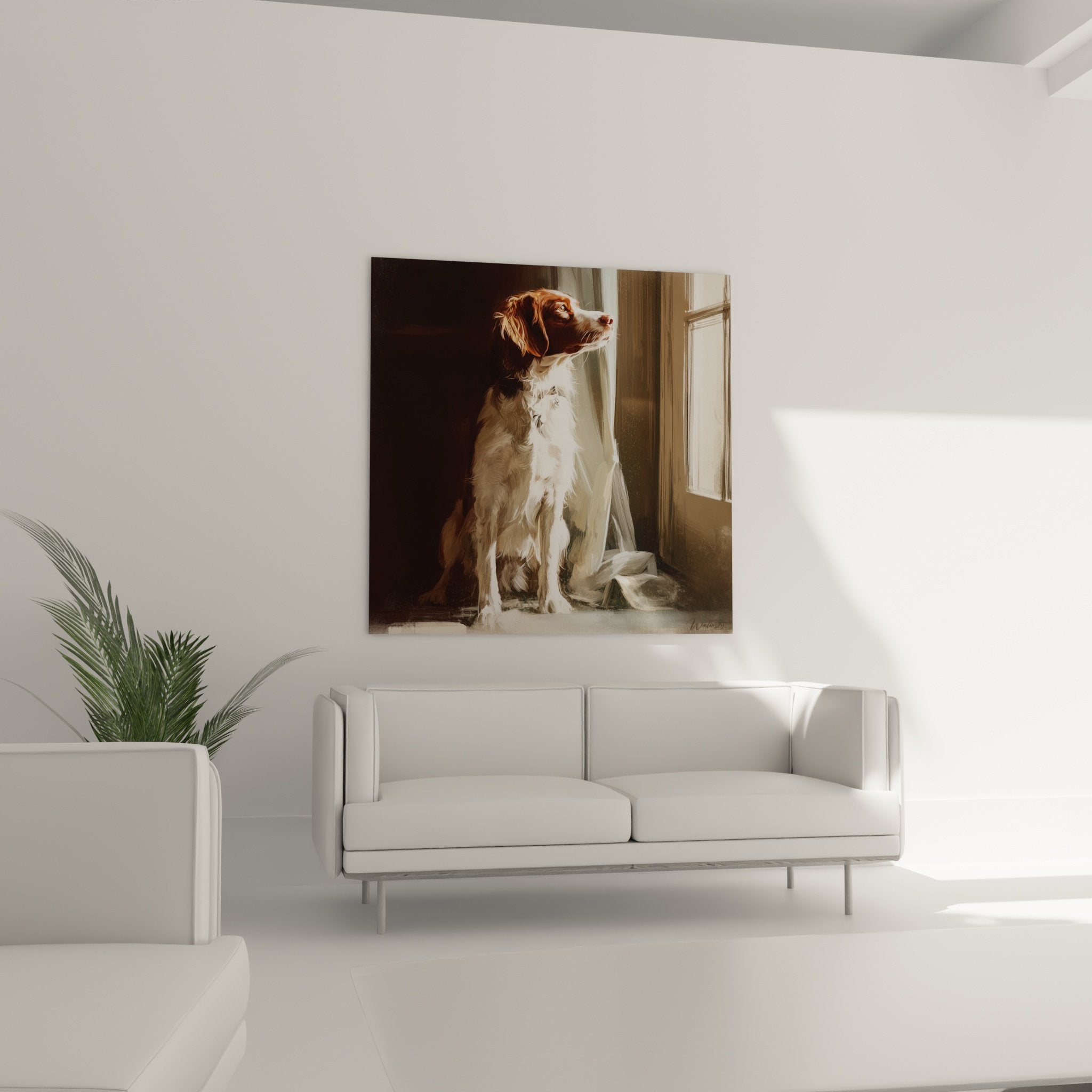Dettaglio del pelo rosso e bianco di uno Spaniel Bretone dipinto con realismo nella luce naturale