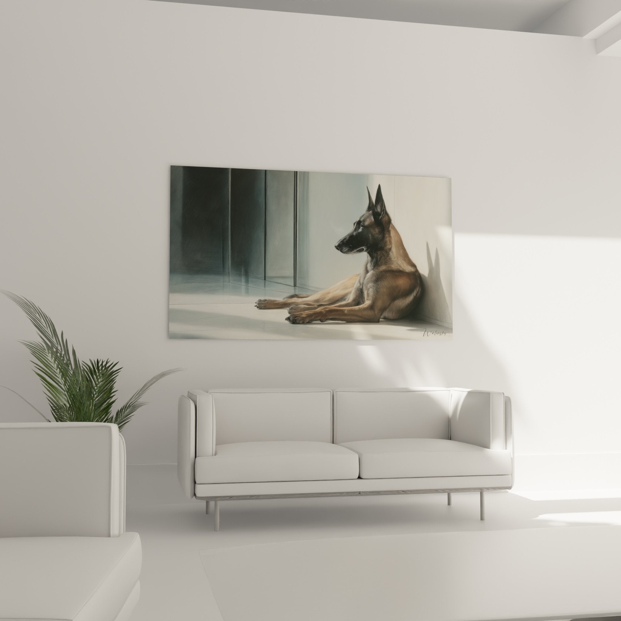 Dettaglio del mantello fulvo dorato del Pastore Belga Malinois su sfondo architettonico moderno blu-grigio