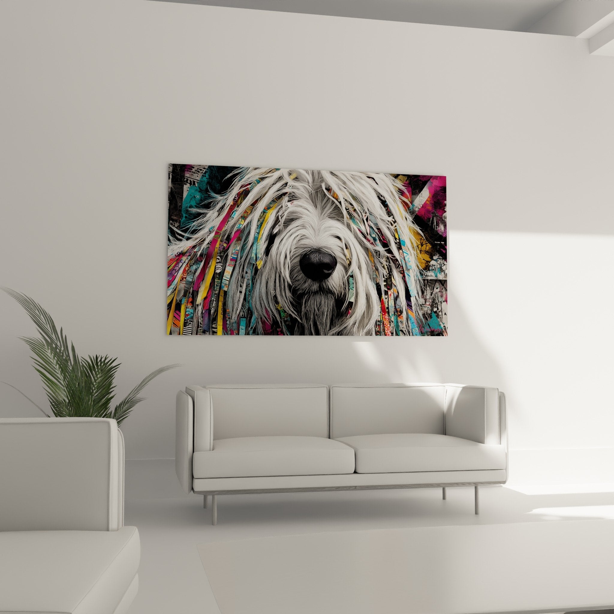 Dettaglio dei cordoni bianchi del mantello del Komondor con tartufo nero su sfondo graffiti multicolore