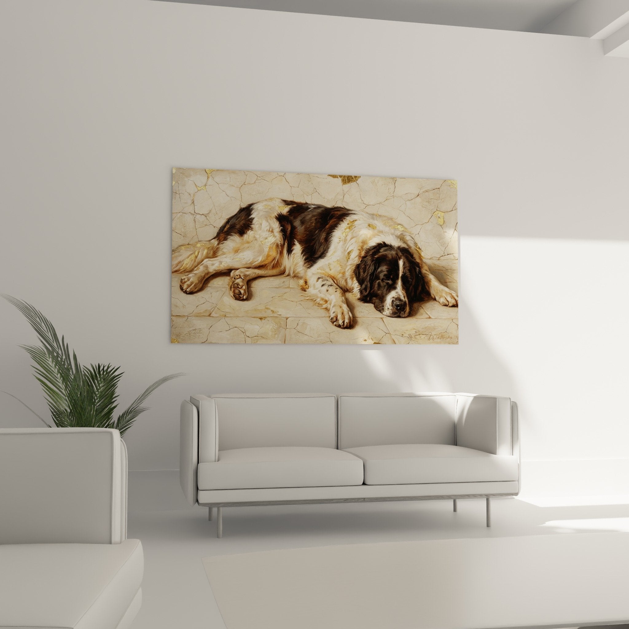 Landseer tricolor fur detail golden texture crackled floor ancient patina noble warm light