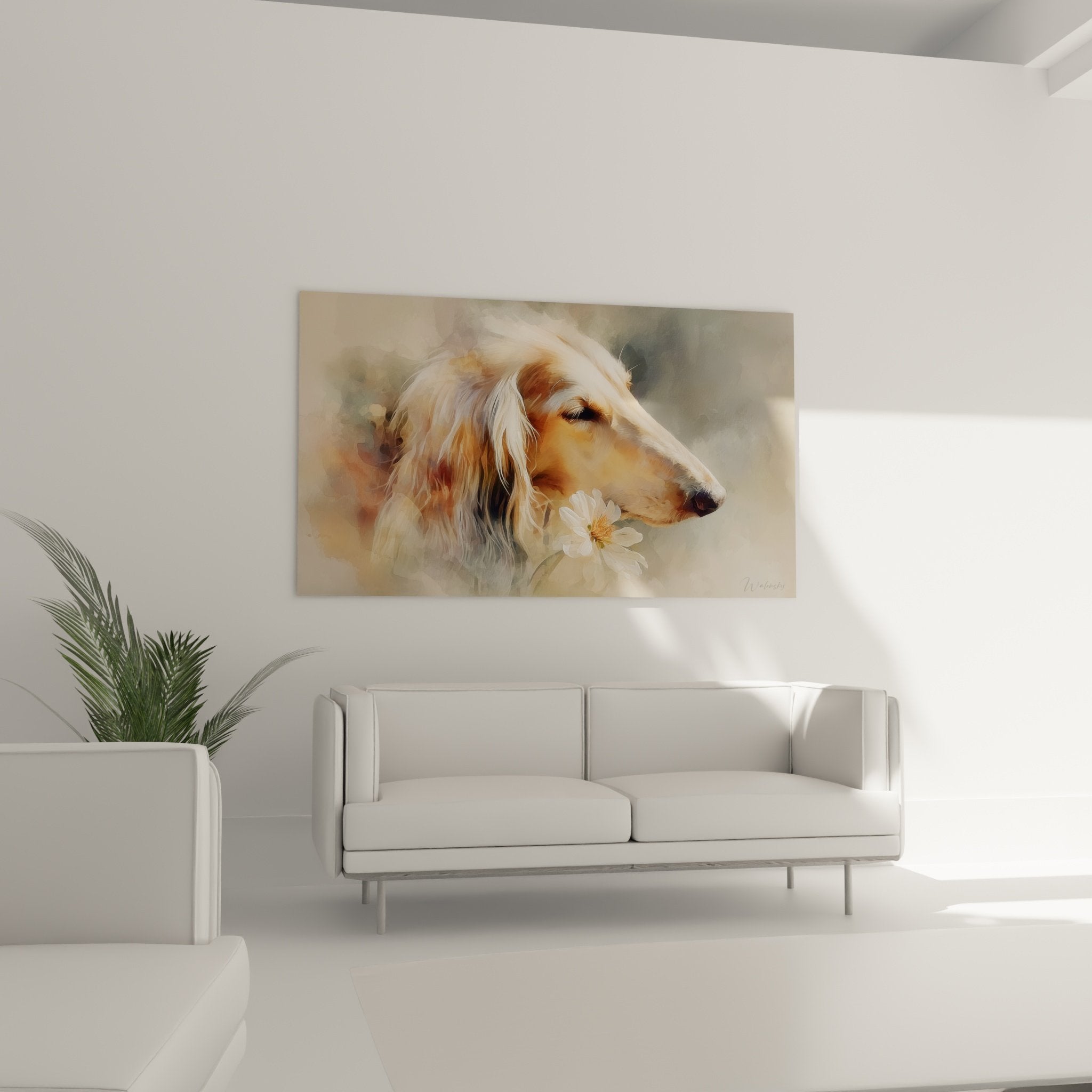 Détail du pelage doré et soyeux du lévrier afghan avec fleur blanche, rendu artistique raffiné