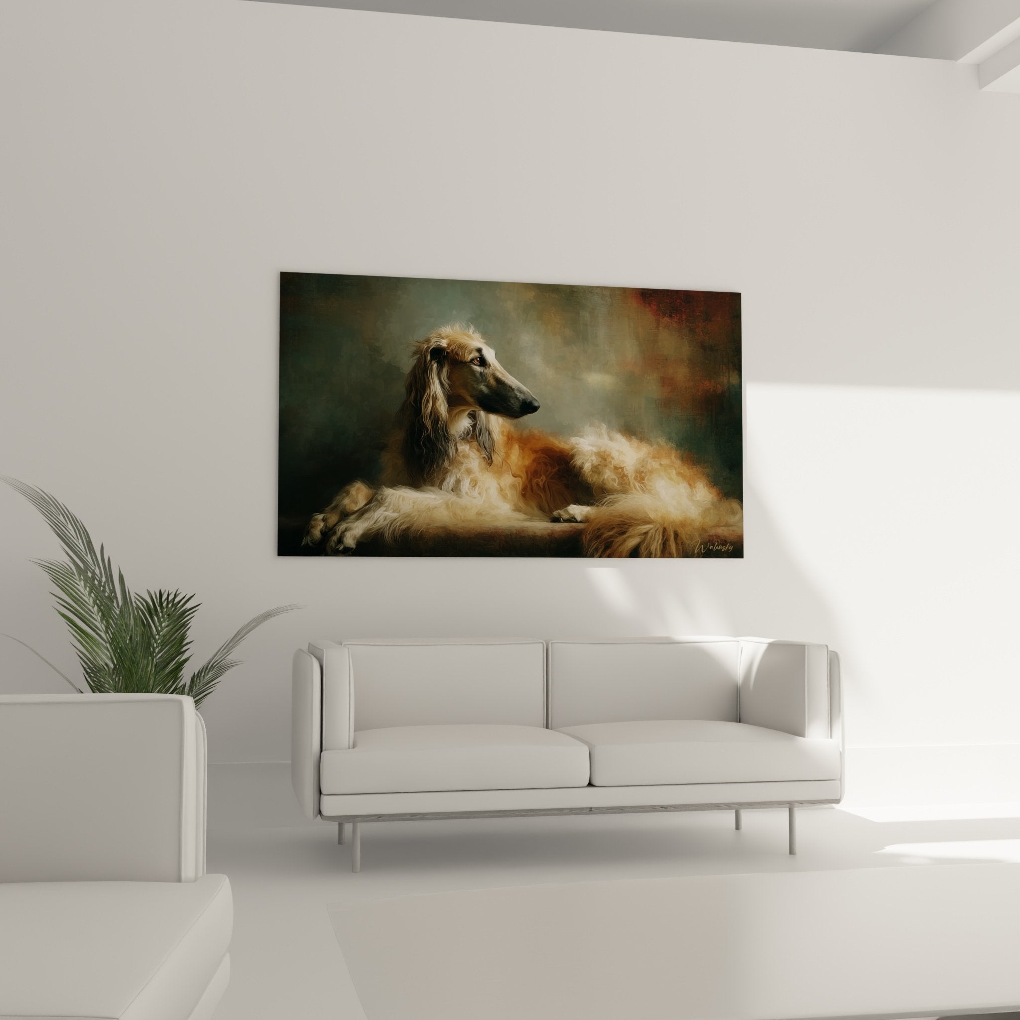 Détail rapproché tableau lévrier afghan montrant texture pelage soyeux doré, technique picturale fine et contrastes subtils