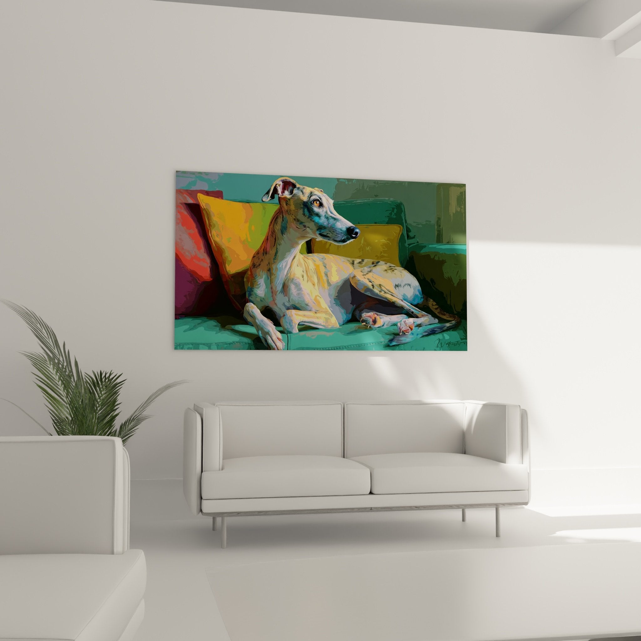 Detail des Fells des Whippet-Windhunds in Beige- und Weißtönen, Maltechnik mit sichtbaren Impastos
