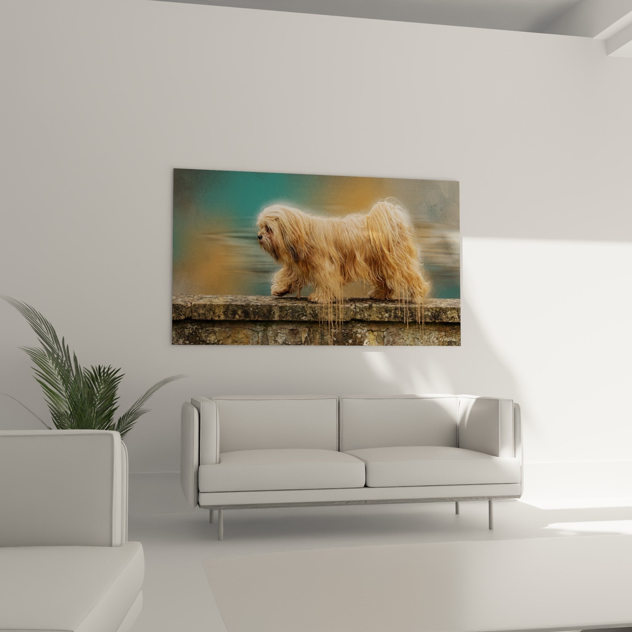 Detail rapproche pelage dore soyeux Lhassa Apso gouttes eau texture realiste peinture