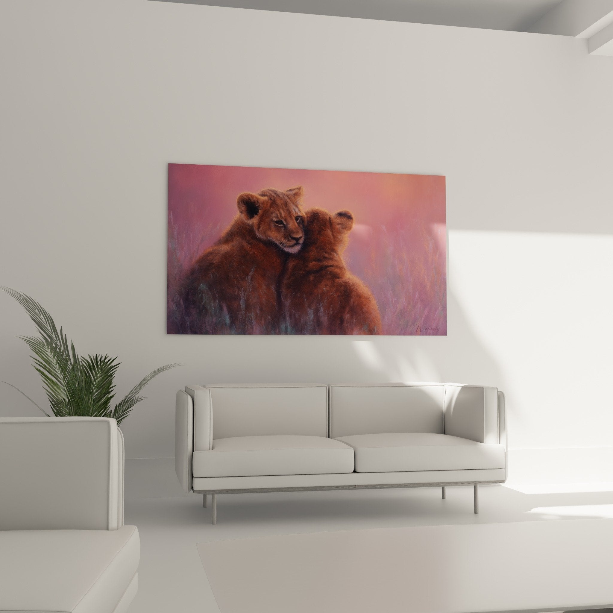 Copper red lion fur detail in powdered pink atmosphere with delicate artistic lighting