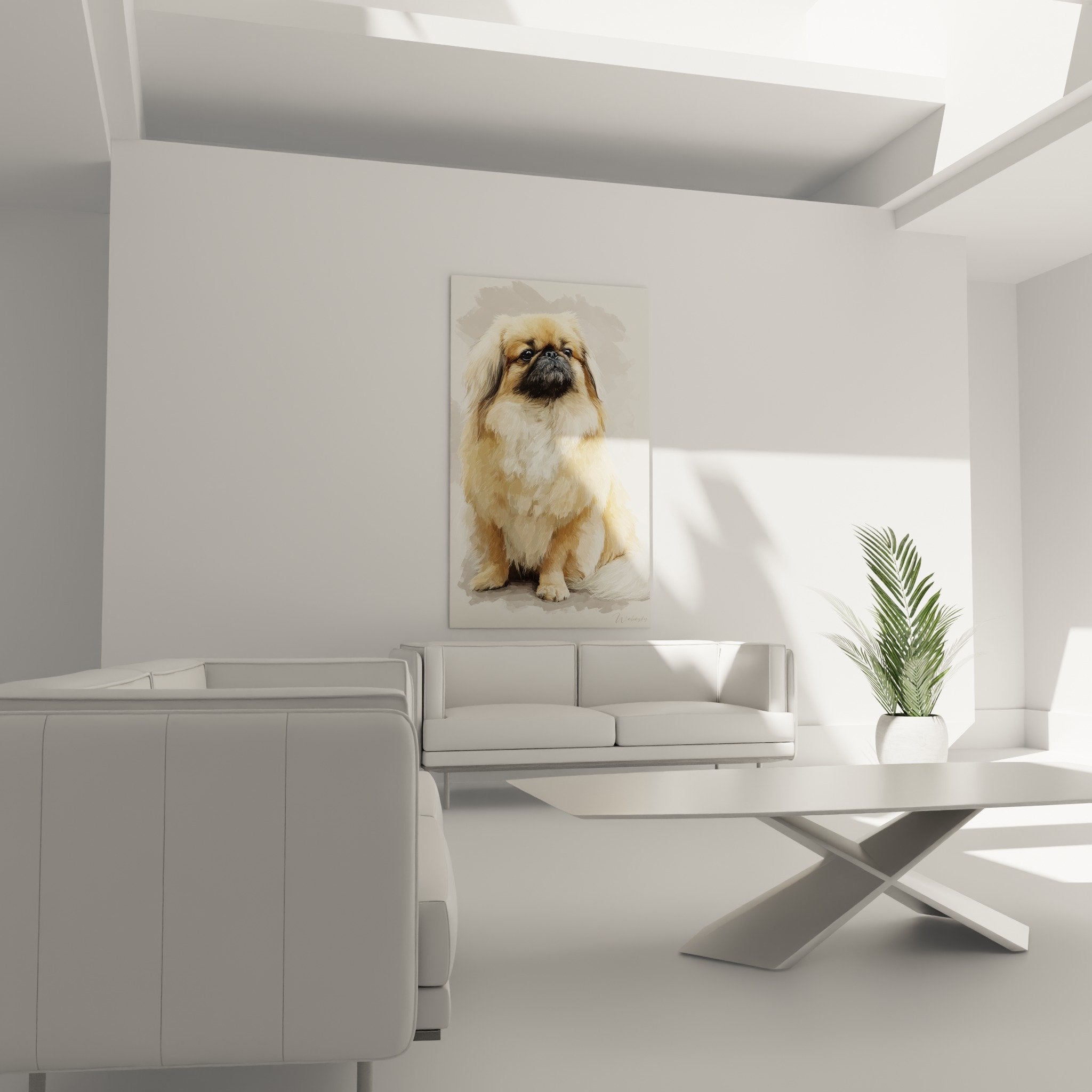Gros plan sur les détails du pelage doré et blanc du Pekinois texture réaliste portrait