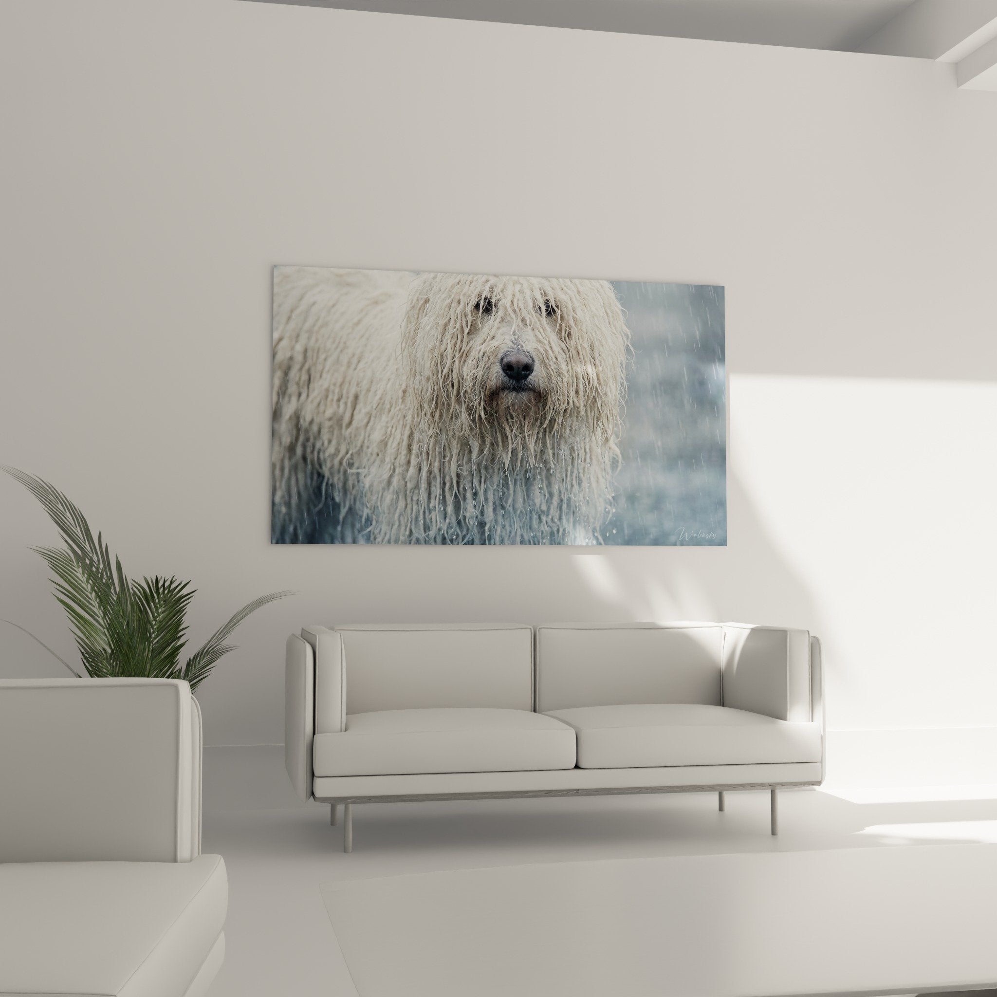 Gros plan sur pelage blanc cordé de Puli mouillé, textures détaillées et gouttes de pluie