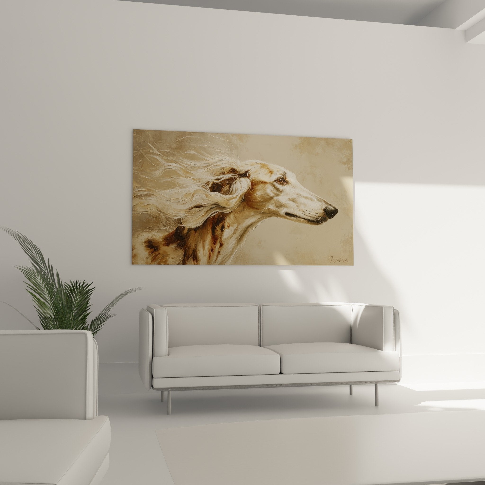 Détail proche du pelage doré du Saluki, texture artistique et nuances ocre du portrait canin
