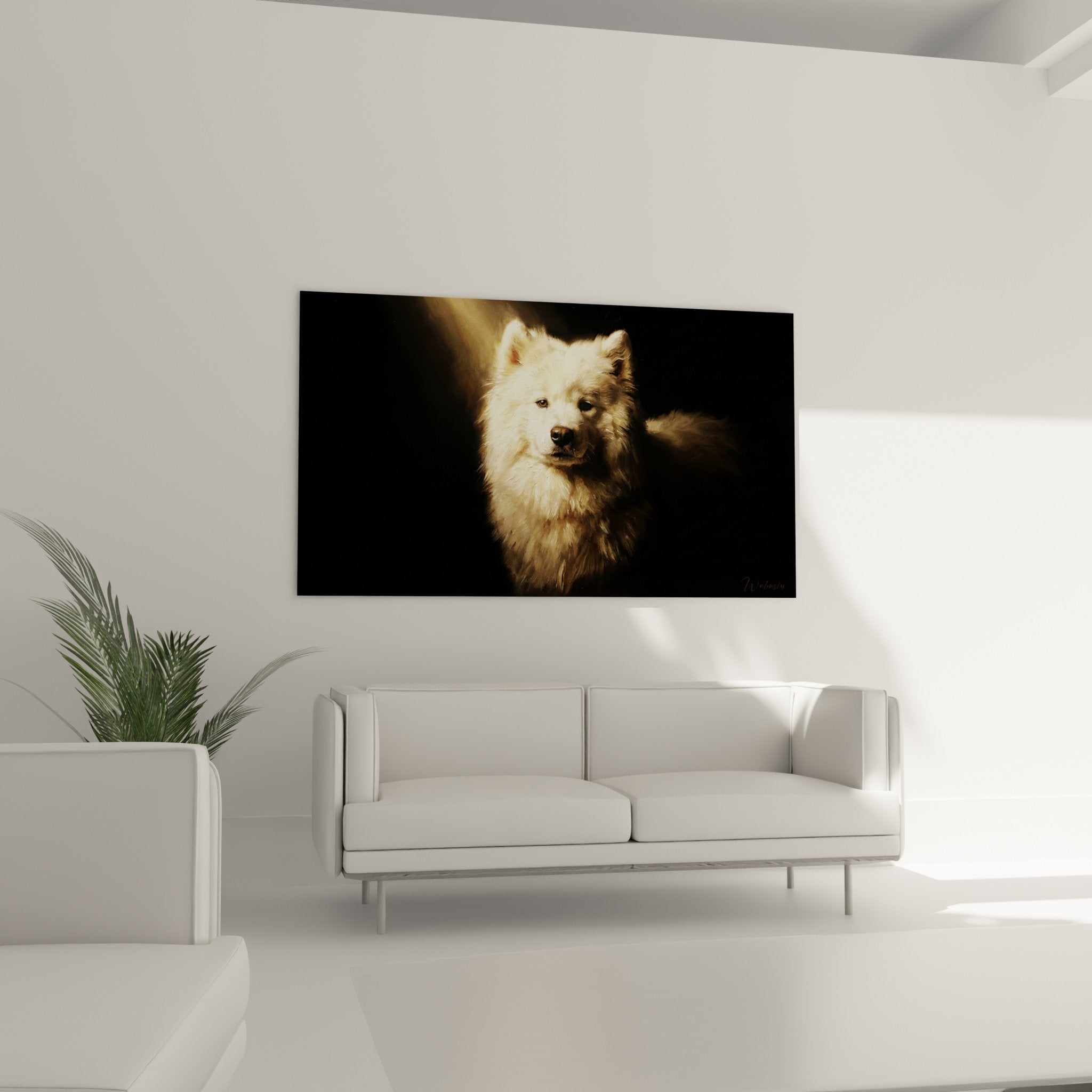 Gros plan sur les détails du pelage blanc crémeux et les yeux expressifs dorés du Samoyède dans la lumière