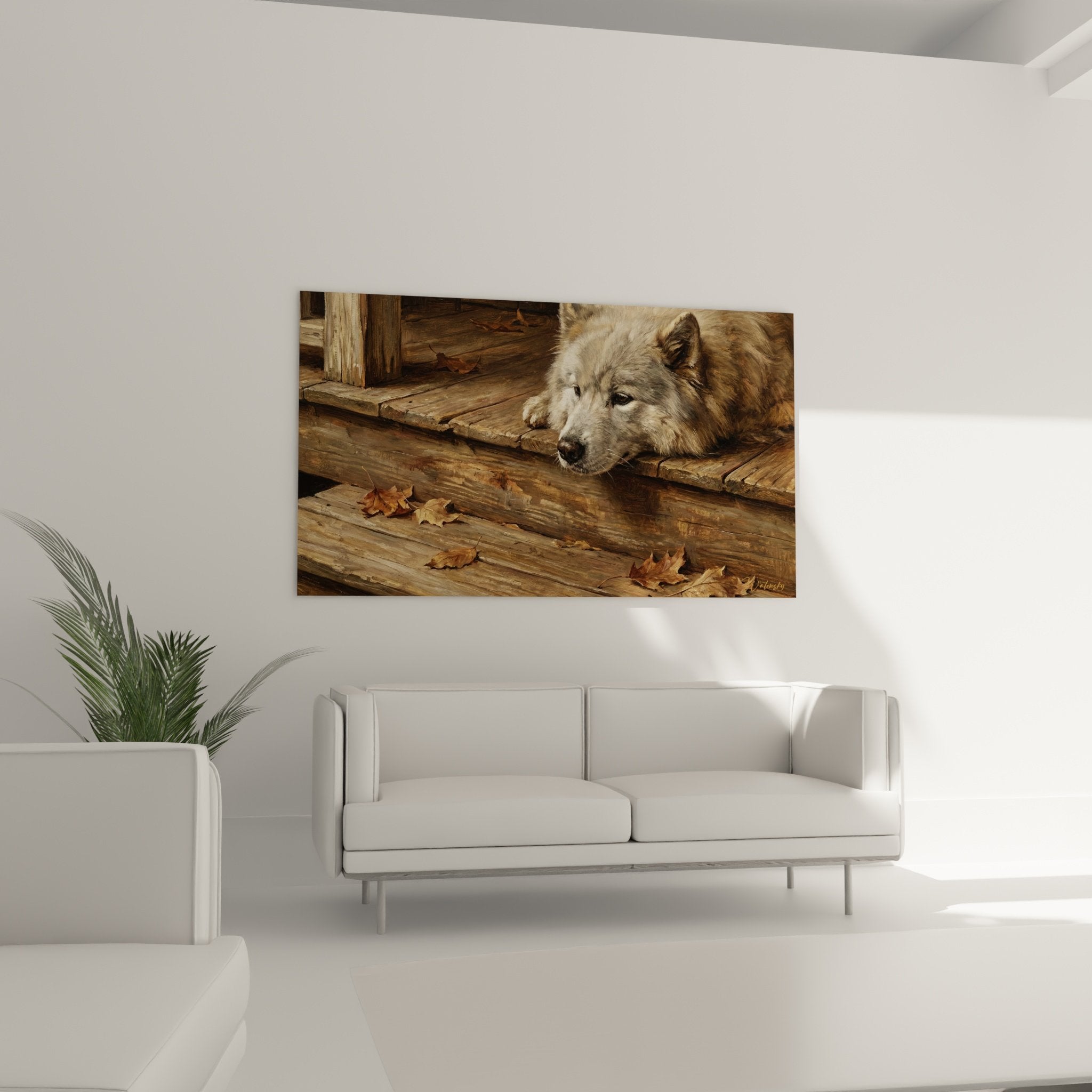 Detail pelage chien samoyede sur planches bois patinees feuilles dorees